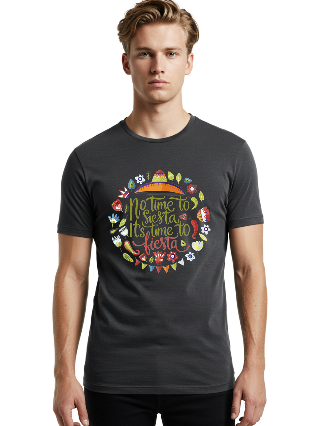 No-Time-To-Siesta Men'S Graphic Tee, 100% Cotton, Comfortable Casual Summer Wear, Machine Washable, Taco Graphic, Fiesta Decorations, Mexican Culture, Festive Atmosphere, Vibrant Colors, Party Time, Celebration, Chili Peppers, Sombrero, -  Aaa289