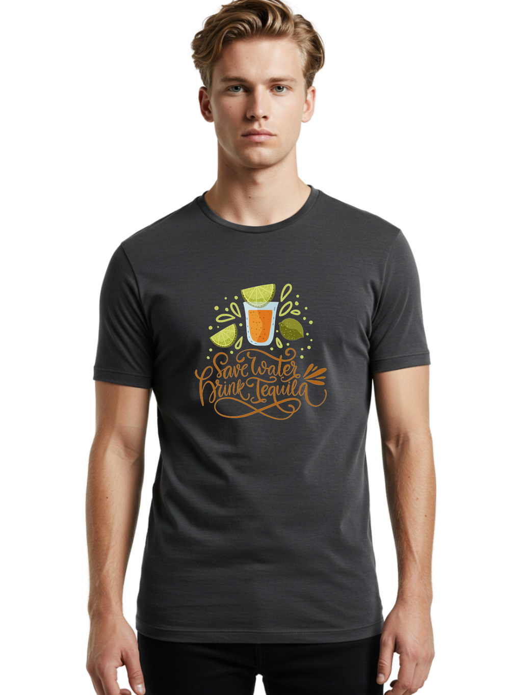 Save-Water-Drink-Tequila-1 Men'S Graphic Tee, 100% Cotton, Comfortable Casual Summer Wear, Machine Washable, Tequila Cocktail, Lime Wedges, Agave Plant, Party Theme, Happy Hour, Cocktail Hour, Tequila Lovers, Fun Typography, Festive Design, -  Aaa291