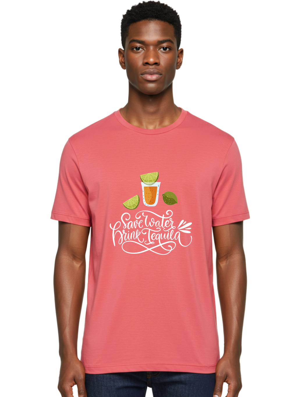 Save-Water-Drink-Tequila-2 Men'S Graphic Tee, 100% Cotton, Comfortable Casual Summer Wear, Machine Washable, Tequila Shot, Lime Wedges, Agave Leaf, Save Water Drink Tequila Text, Cocktail, Party, Drinking Culture, Humorous, Mexican Drink -  Aaa292
