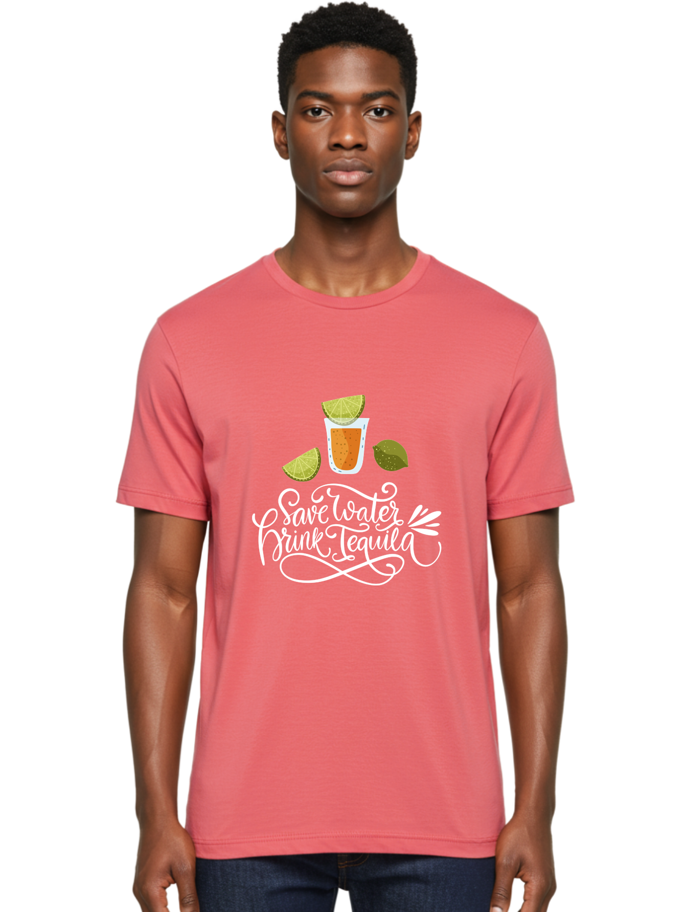 Save-Water-Drink-Tequila-2 Men'S Graphic Tee, 100% Cotton, Comfortable Casual Summer Wear, Machine Washable, Tequila Shot, Lime Wedges, Agave Leaf, Save Water Drink Tequila Text, Cocktail, Party, Drinking Culture, Humorous, Mexican Drink -  Aaa292