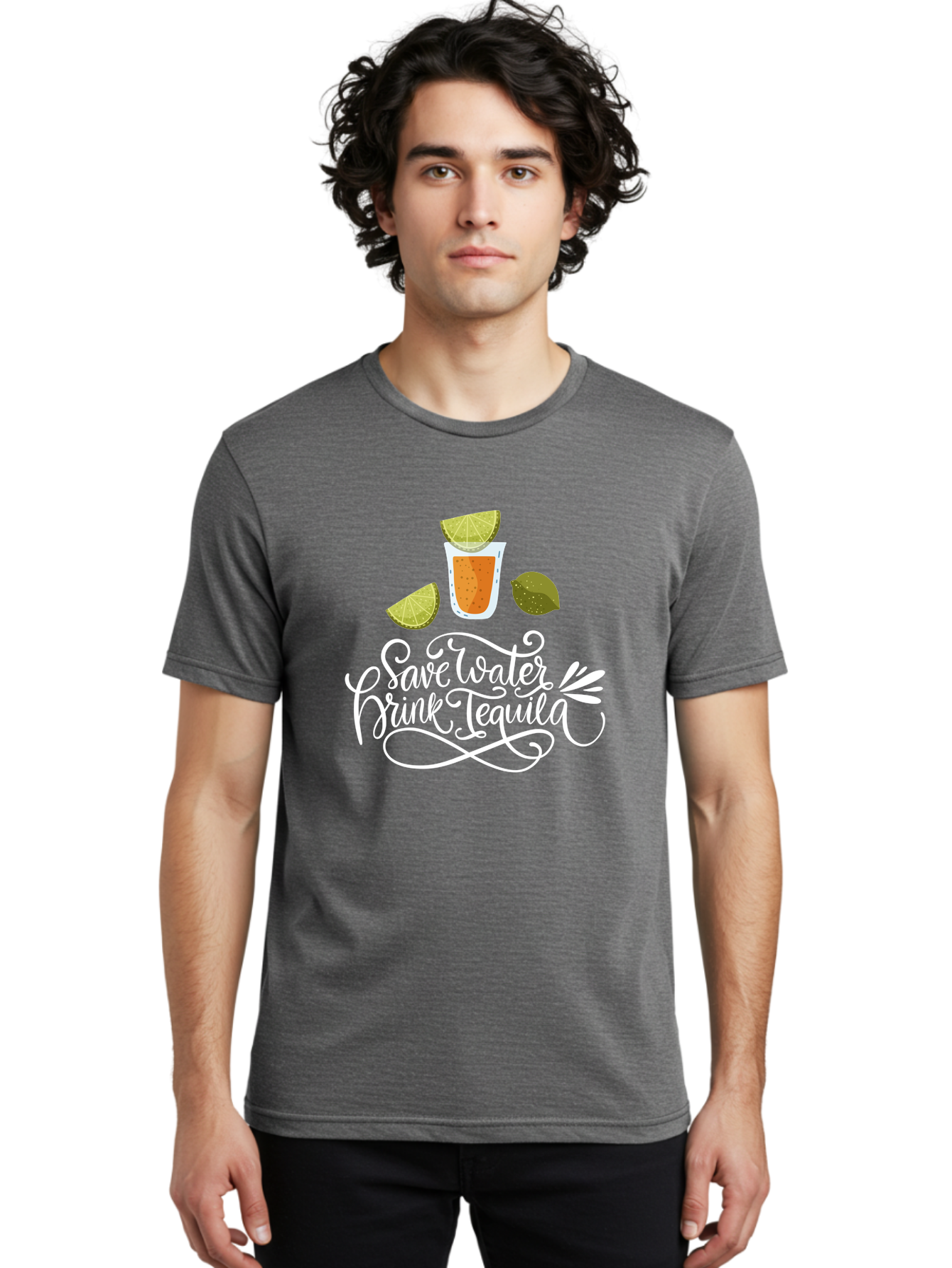 Save-Water-Drink-Tequila-2 Men'S Graphic Tee, 100% Cotton, Comfortable Casual Summer Wear, Machine Washable, Tequila Shot, Lime Wedges, Agave Leaf, Save Water Drink Tequila Text, Cocktail, Party, Drinking Culture, Humorous, Mexican Drink -  Aaa292
