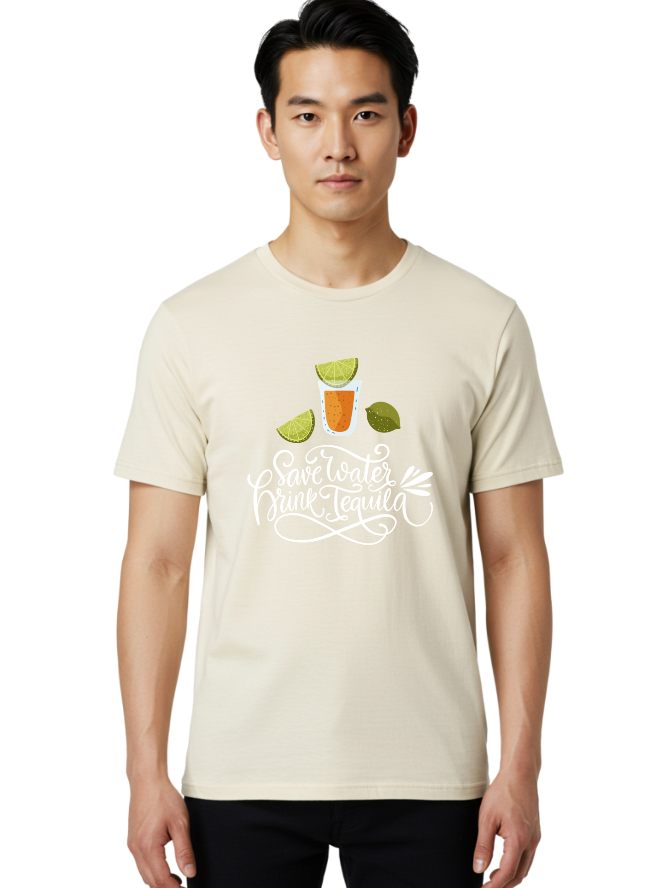 Save-Water-Drink-Tequila-2 Men'S Graphic Tee, 100% Cotton, Comfortable Casual Summer Wear, Machine Washable, Tequila Shot, Lime Wedges, Agave Leaf, Save Water Drink Tequila Text, Cocktail, Party, Drinking Culture, Humorous, Mexican Drink -  Aaa292