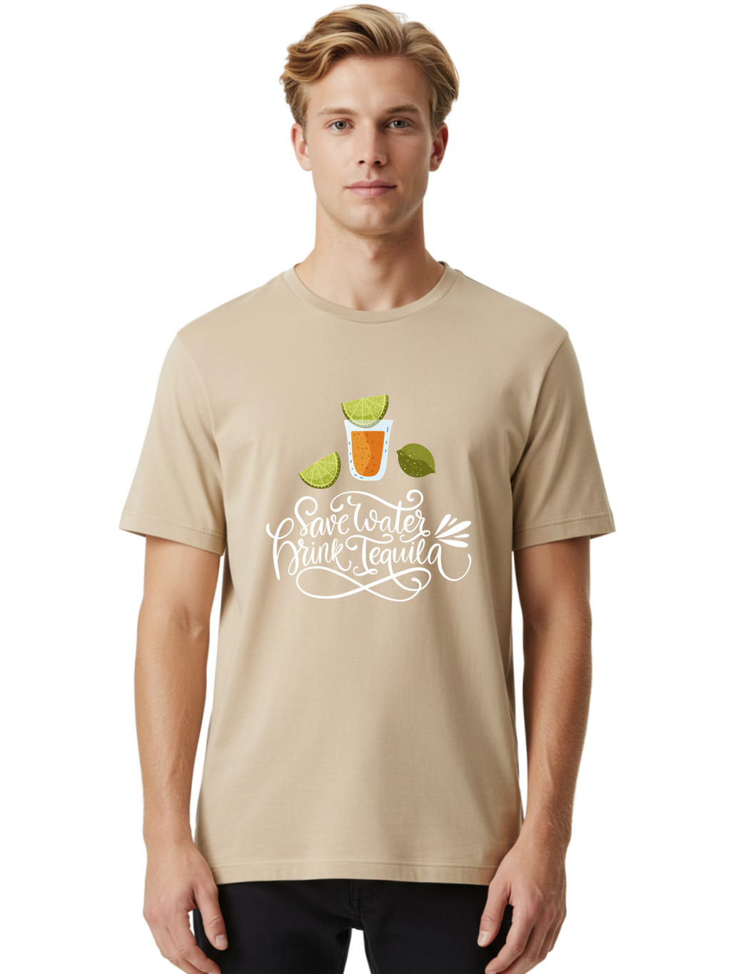 Save-Water-Drink-Tequila-2 Men'S Graphic Tee, 100% Cotton, Comfortable Casual Summer Wear, Machine Washable, Tequila Shot, Lime Wedges, Agave Leaf, Save Water Drink Tequila Text, Cocktail, Party, Drinking Culture, Humorous, Mexican Drink -  Aaa292
