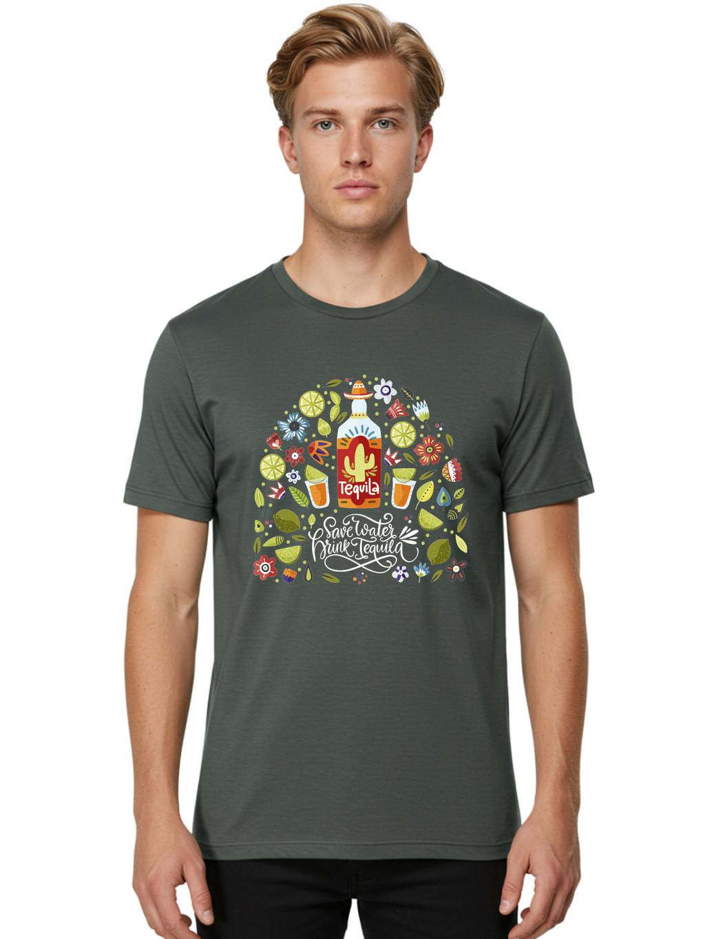 Save-Water-Drink-Tequila Men'S Graphic Tee, 100% Cotton, Comfortable Casual Summer Wear, Machine Washable, Tequila Bottle, Mariachi Inspired Design, Cactus Illustration, Lime Wedges, Citrus Slices, Festive Flowers, Tequila Glasses, -  Aaa295