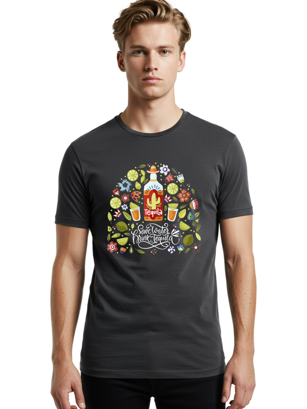Save-Water-Drink-Tequila Men'S Graphic Tee, 100% Cotton, Comfortable Casual Summer Wear, Machine Washable, Tequila Bottle, Mariachi Inspired Design, Cactus Illustration, Lime Wedges, Citrus Slices, Festive Flowers, Tequila Glasses, -  Aaa295