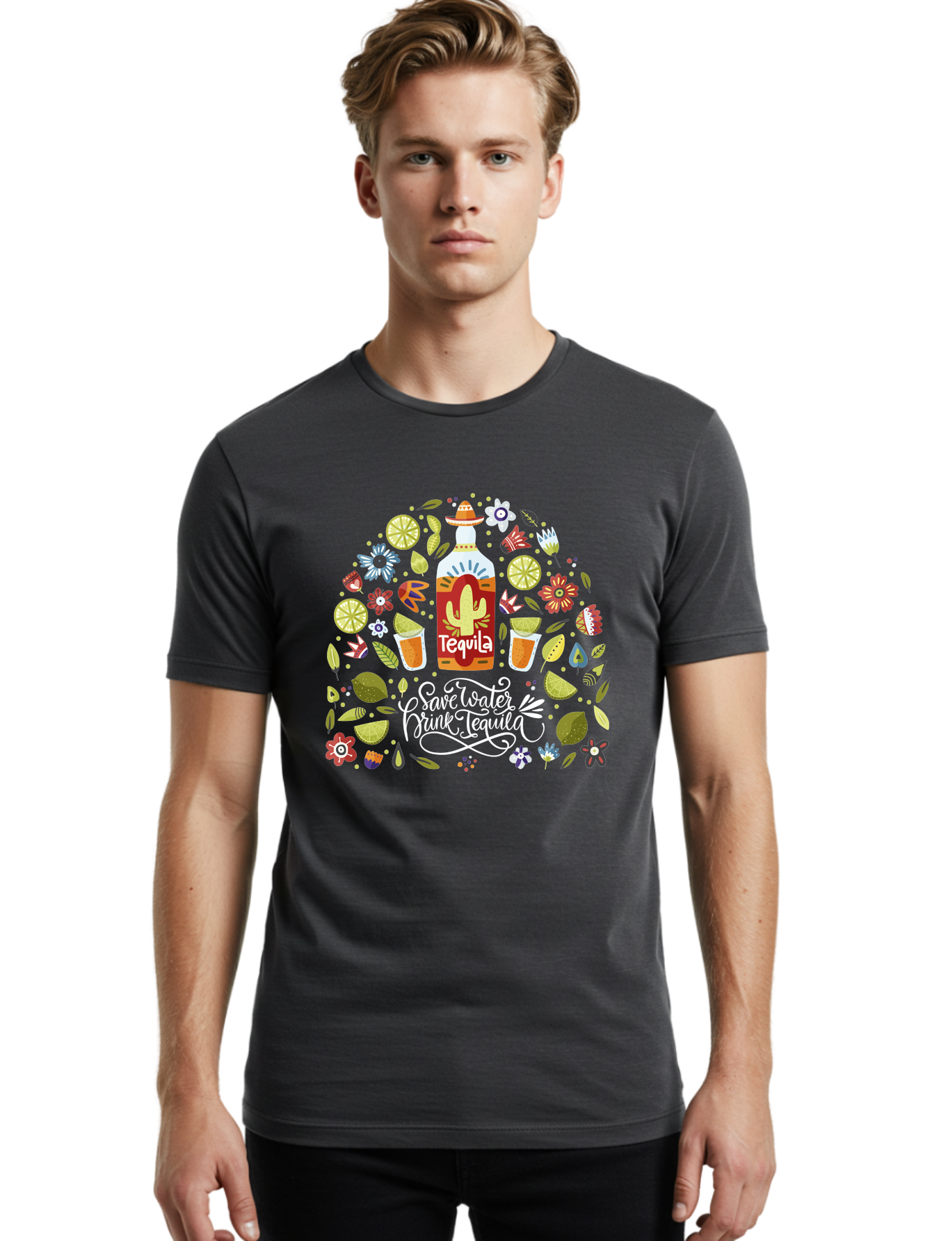 Save-Water-Drink-Tequila Men'S Graphic Tee, 100% Cotton, Comfortable Casual Summer Wear, Machine Washable, Tequila Bottle, Mariachi Inspired Design, Cactus Illustration, Lime Wedges, Citrus Slices, Festive Flowers, Tequila Glasses, -  Aaa295