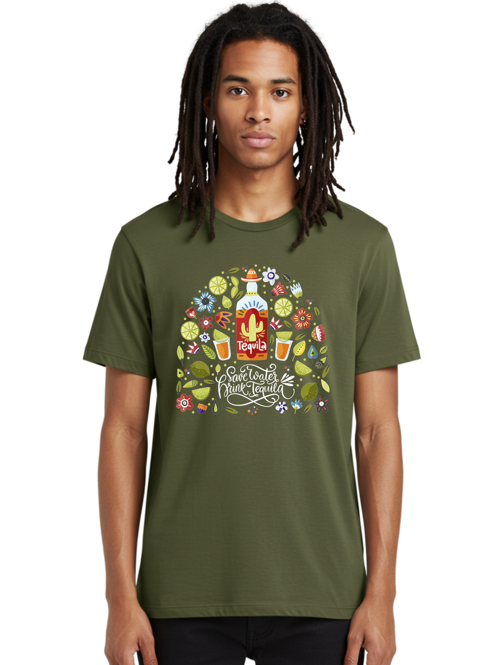 Save-Water-Drink-Tequila Men'S Graphic Tee, 100% Cotton, Comfortable Casual Summer Wear, Machine Washable, Tequila Bottle, Mariachi Inspired Design, Cactus Illustration, Lime Wedges, Citrus Slices, Festive Flowers, Tequila Glasses, -  Aaa295