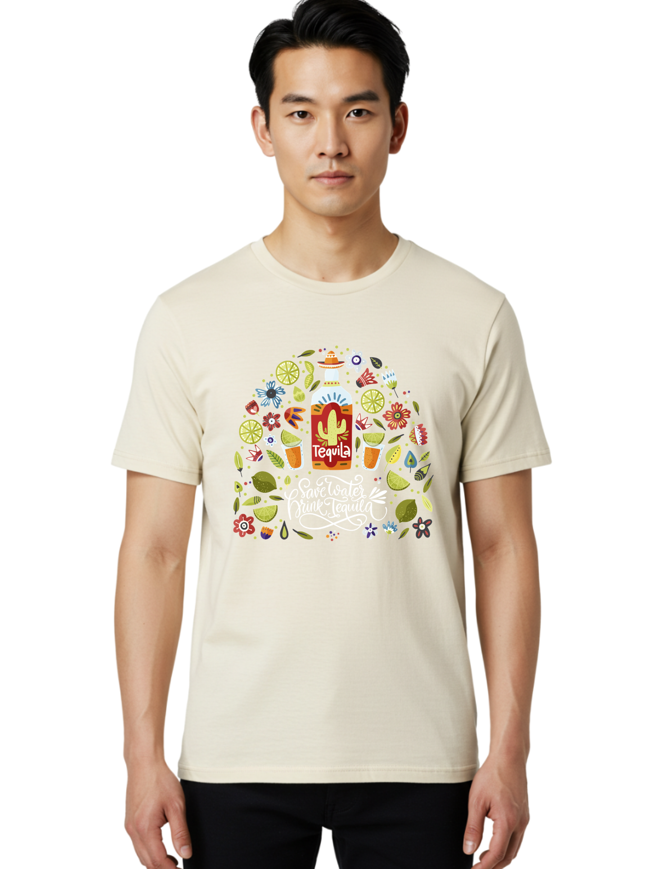 Save-Water-Drink-Tequila Men'S Graphic Tee, 100% Cotton, Comfortable Casual Summer Wear, Machine Washable, Tequila Bottle, Mariachi Inspired Design, Cactus Illustration, Lime Wedges, Citrus Slices, Festive Flowers, Tequila Glasses, -  Aaa295