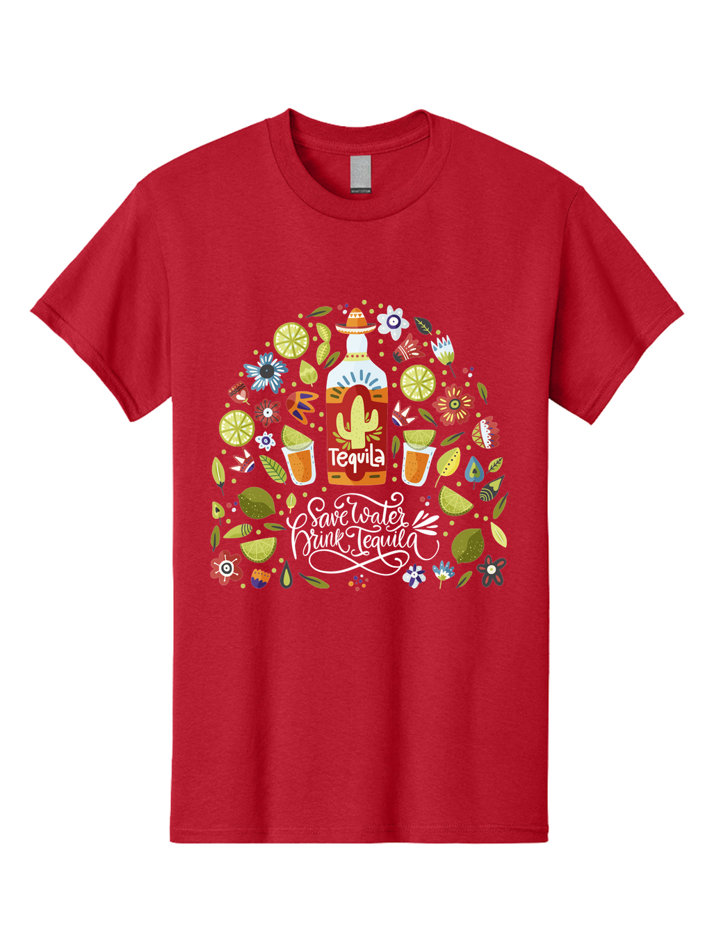 Save-Water-Drink-Tequila Men'S Graphic Tee, 100% Cotton, Comfortable Casual Summer Wear, Machine Washable, Tequila Bottle, Mariachi Inspired Design, Cactus Illustration, Lime Wedges, Citrus Slices, Festive Flowers, Tequila Glasses, -  Aaa295