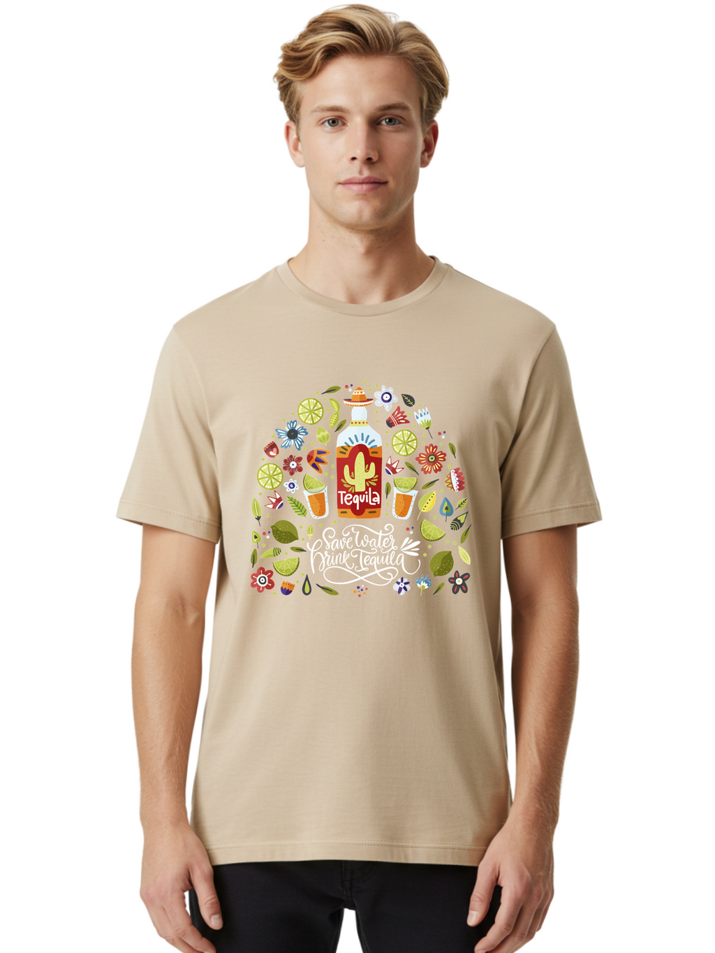 Save-Water-Drink-Tequila Men'S Graphic Tee, 100% Cotton, Comfortable Casual Summer Wear, Machine Washable, Tequila Bottle, Mariachi Inspired Design, Cactus Illustration, Lime Wedges, Citrus Slices, Festive Flowers, Tequila Glasses, -  Aaa295