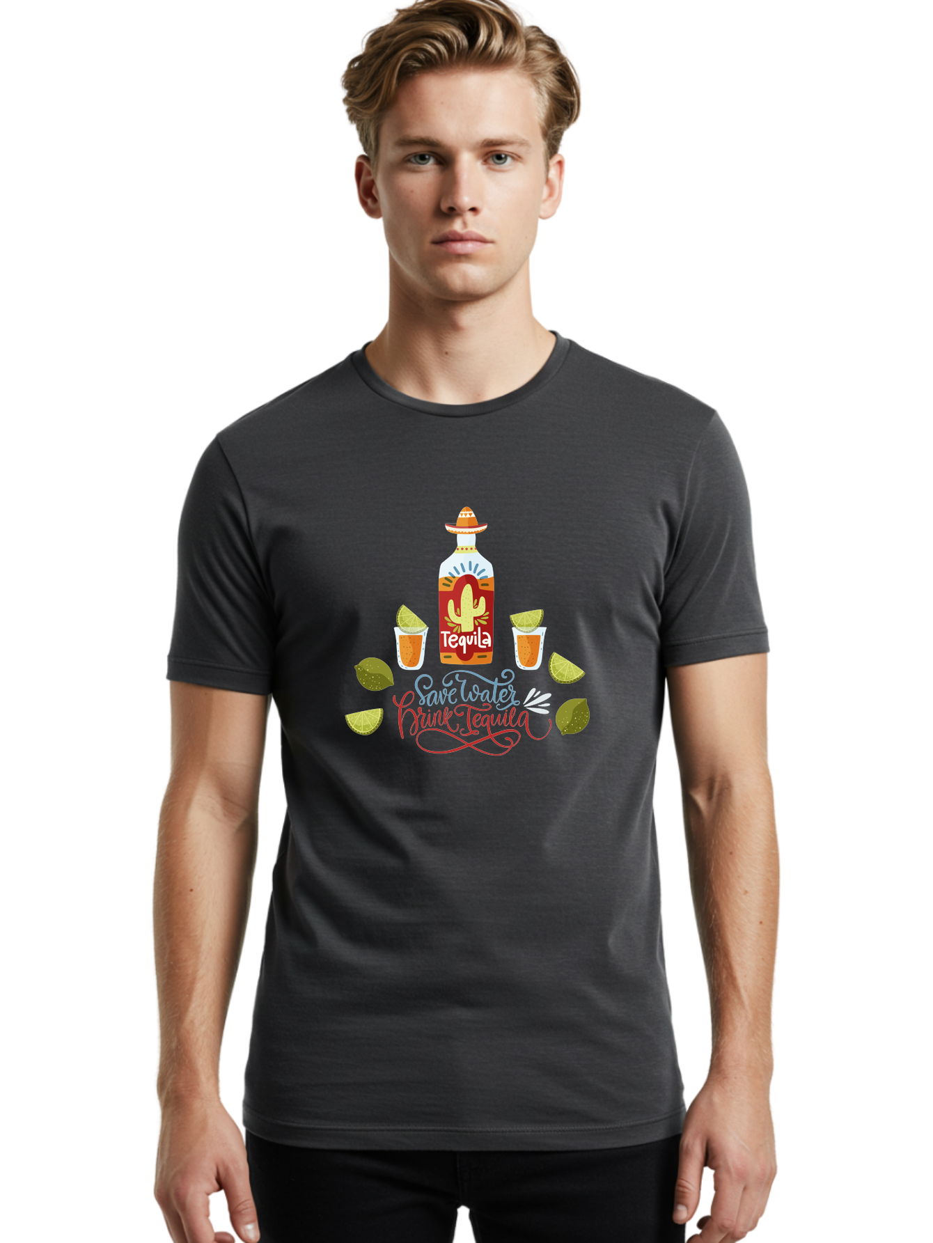 Smile-Later-Drink-Tequila Men'S Graphic Tee, 100% Cotton, Comfortable Casual Summer Wear, Machine Washable, Tequila Shots, Lime Wedges, Tequila Bottle, Cactus Design, Fiesta Theme, Margarita Glasses, Mexican Spirit, Drink Tequila -  Aaa296
