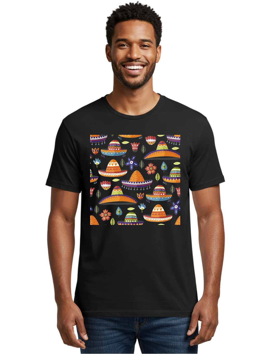 Sombrero-Pattern Men'S Graphic Tee, 100% Cotton, Comfortable Casual Summer Wear, Machine Washable, Colorful Sombreros, Mexican Hats, Floral Patterns, Vibrant Designs, Cultural Heritage, Traditional Attire, Festive Atmosphere, -  Aaa297