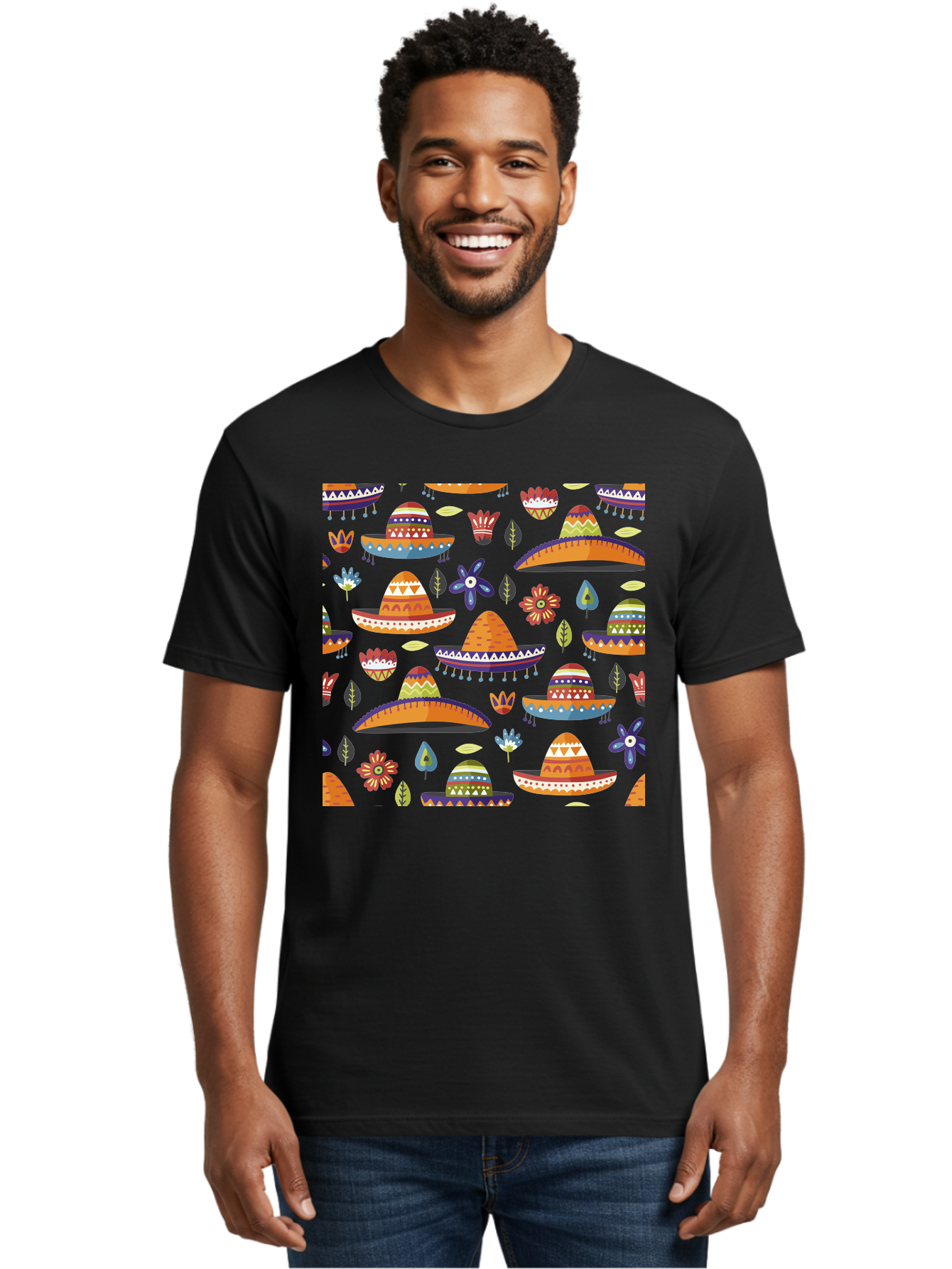 Sombrero-Pattern Men'S Graphic Tee, 100% Cotton, Comfortable Casual Summer Wear, Machine Washable, Colorful Sombreros, Mexican Hats, Floral Patterns, Vibrant Designs, Cultural Heritage, Traditional Attire, Festive Atmosphere, -  Aaa297