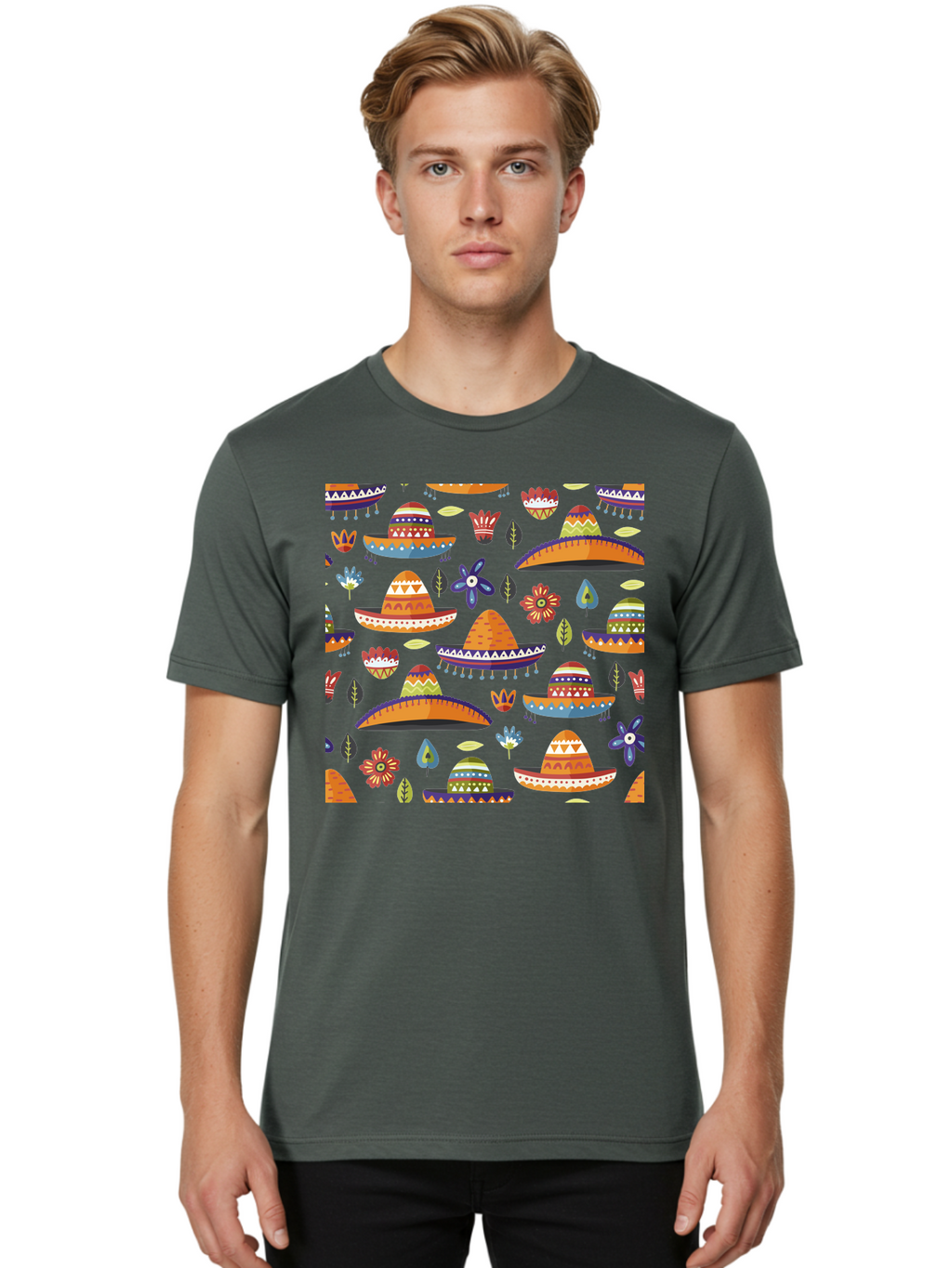 Sombrero-Pattern Men'S Graphic Tee, 100% Cotton, Comfortable Casual Summer Wear, Machine Washable, Colorful Sombreros, Mexican Hats, Floral Patterns, Vibrant Designs, Cultural Heritage, Traditional Attire, Festive Atmosphere, -  Aaa297