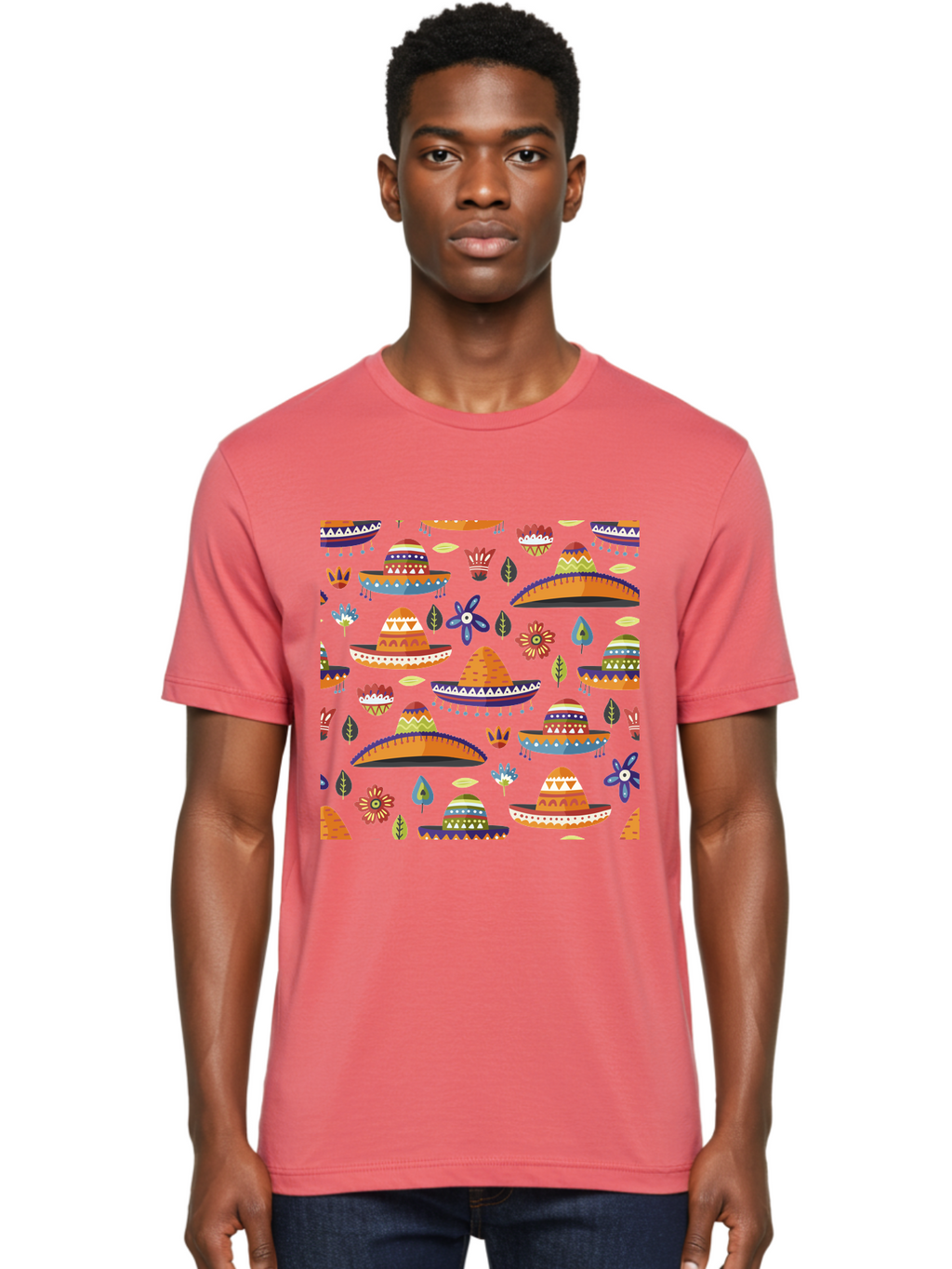 Sombrero-Pattern Men'S Graphic Tee, 100% Cotton, Comfortable Casual Summer Wear, Machine Washable, Colorful Sombreros, Mexican Hats, Floral Patterns, Vibrant Designs, Cultural Heritage, Traditional Attire, Festive Atmosphere, -  Aaa297