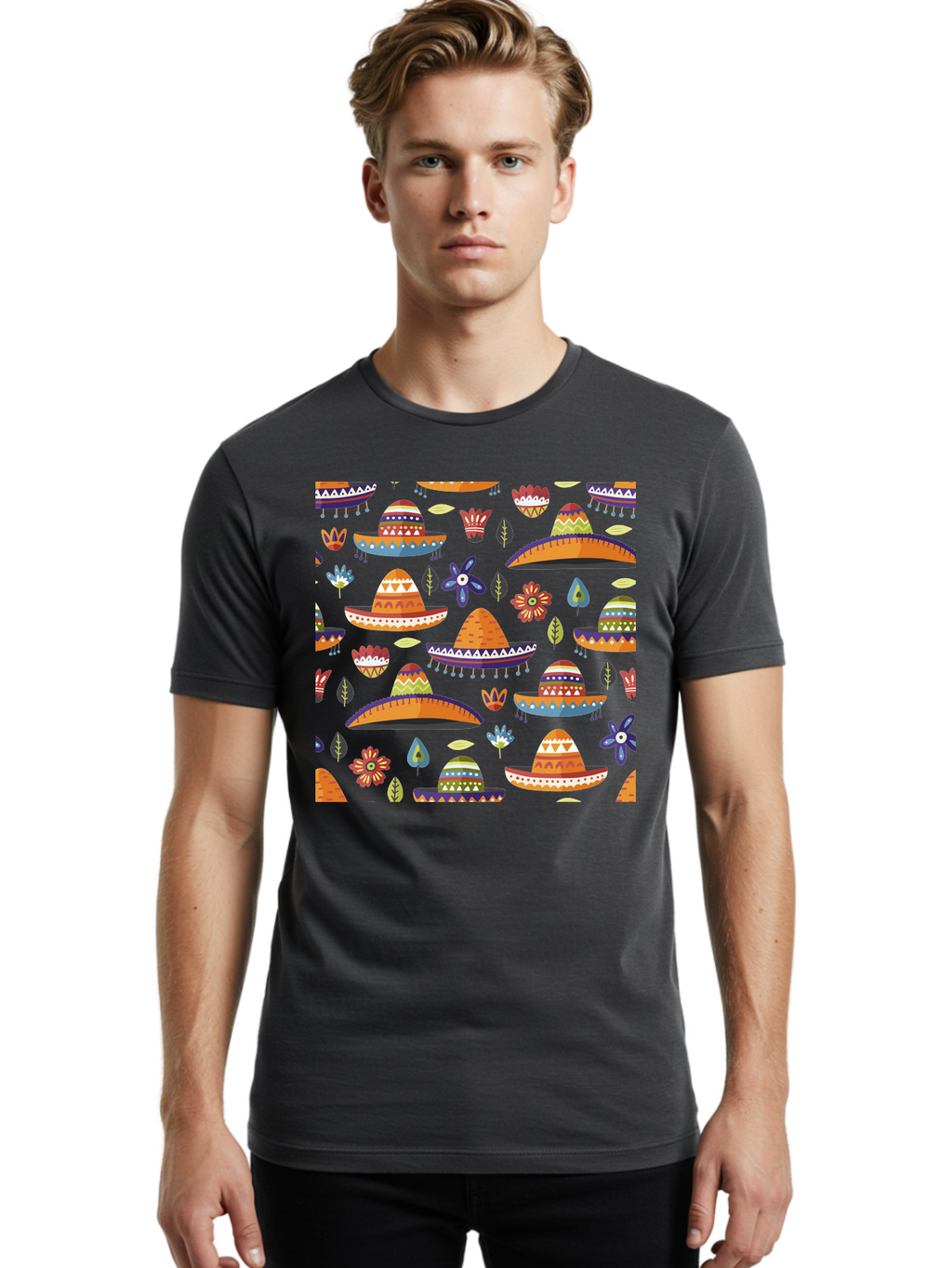 Sombrero-Pattern Men'S Graphic Tee, 100% Cotton, Comfortable Casual Summer Wear, Machine Washable, Colorful Sombreros, Mexican Hats, Floral Patterns, Vibrant Designs, Cultural Heritage, Traditional Attire, Festive Atmosphere, -  Aaa297