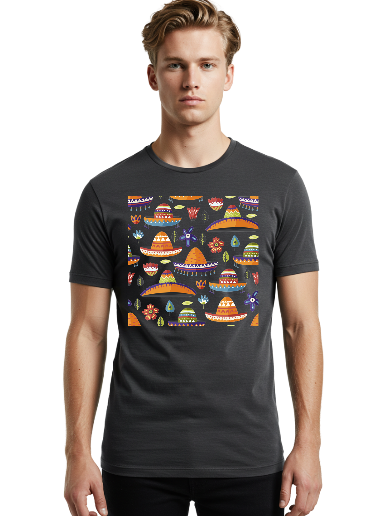 Sombrero-Pattern Men'S Graphic Tee, 100% Cotton, Comfortable Casual Summer Wear, Machine Washable, Colorful Sombreros, Mexican Hats, Floral Patterns, Vibrant Designs, Cultural Heritage, Traditional Attire, Festive Atmosphere, -  Aaa297