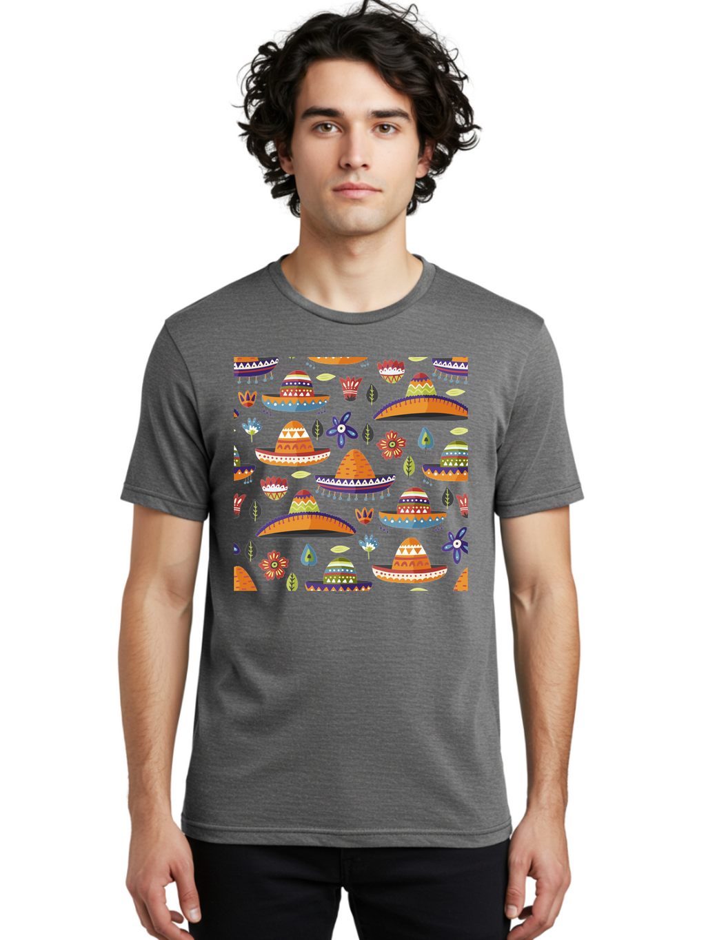 Sombrero-Pattern Men'S Graphic Tee, 100% Cotton, Comfortable Casual Summer Wear, Machine Washable, Colorful Sombreros, Mexican Hats, Floral Patterns, Vibrant Designs, Cultural Heritage, Traditional Attire, Festive Atmosphere, -  Aaa297