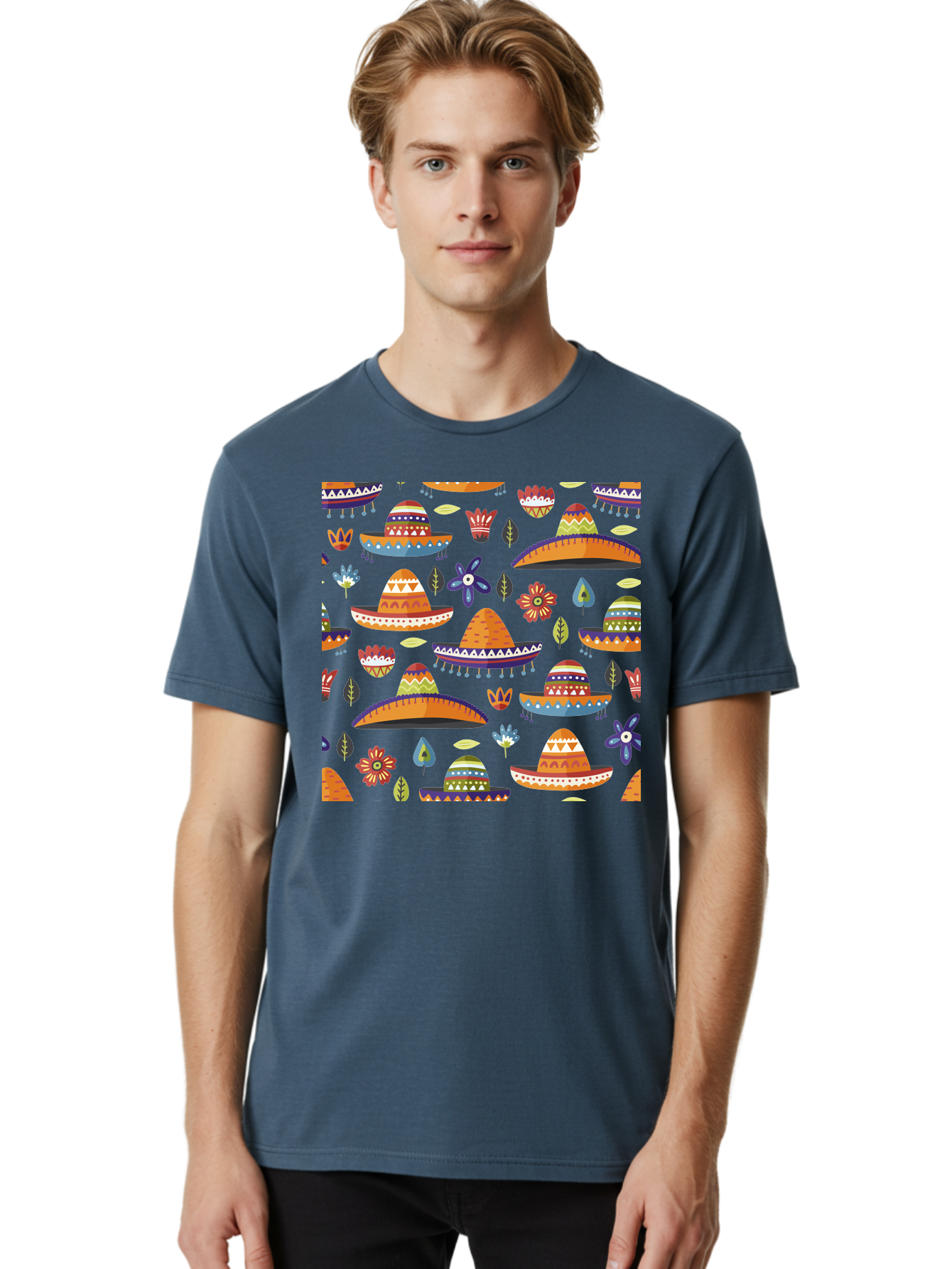 Sombrero-Pattern Men'S Graphic Tee, 100% Cotton, Comfortable Casual Summer Wear, Machine Washable, Colorful Sombreros, Mexican Hats, Floral Patterns, Vibrant Designs, Cultural Heritage, Traditional Attire, Festive Atmosphere, -  Aaa297