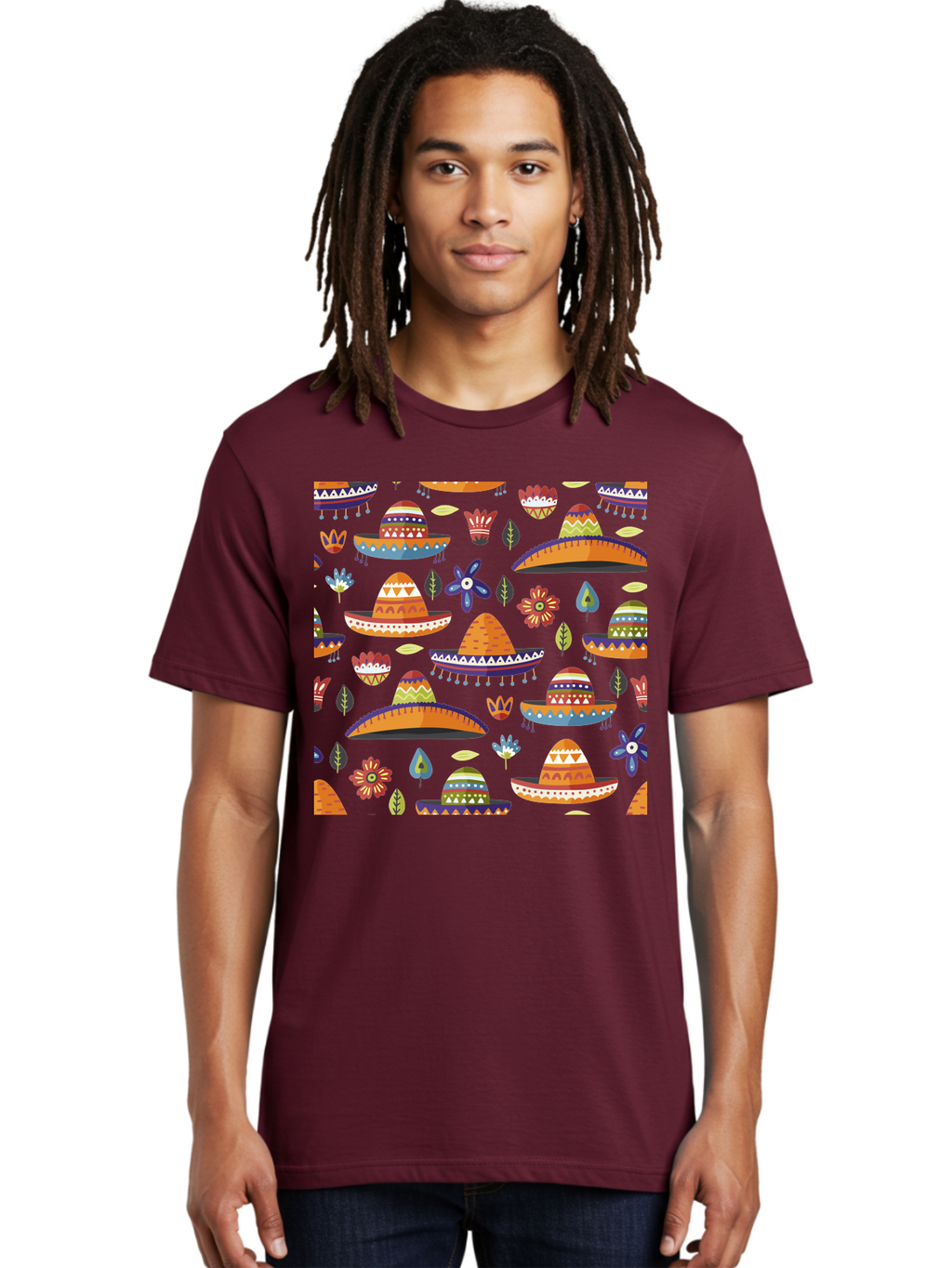 Sombrero-Pattern Men'S Graphic Tee, 100% Cotton, Comfortable Casual Summer Wear, Machine Washable, Colorful Sombreros, Mexican Hats, Floral Patterns, Vibrant Designs, Cultural Heritage, Traditional Attire, Festive Atmosphere, -  Aaa297