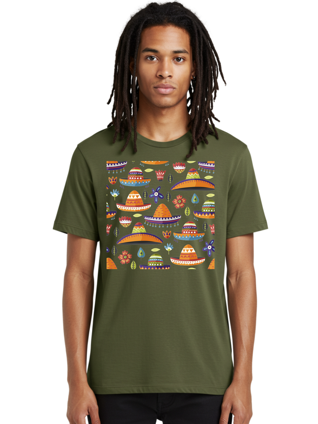 Sombrero-Pattern Men'S Graphic Tee, 100% Cotton, Comfortable Casual Summer Wear, Machine Washable, Colorful Sombreros, Mexican Hats, Floral Patterns, Vibrant Designs, Cultural Heritage, Traditional Attire, Festive Atmosphere, -  Aaa297