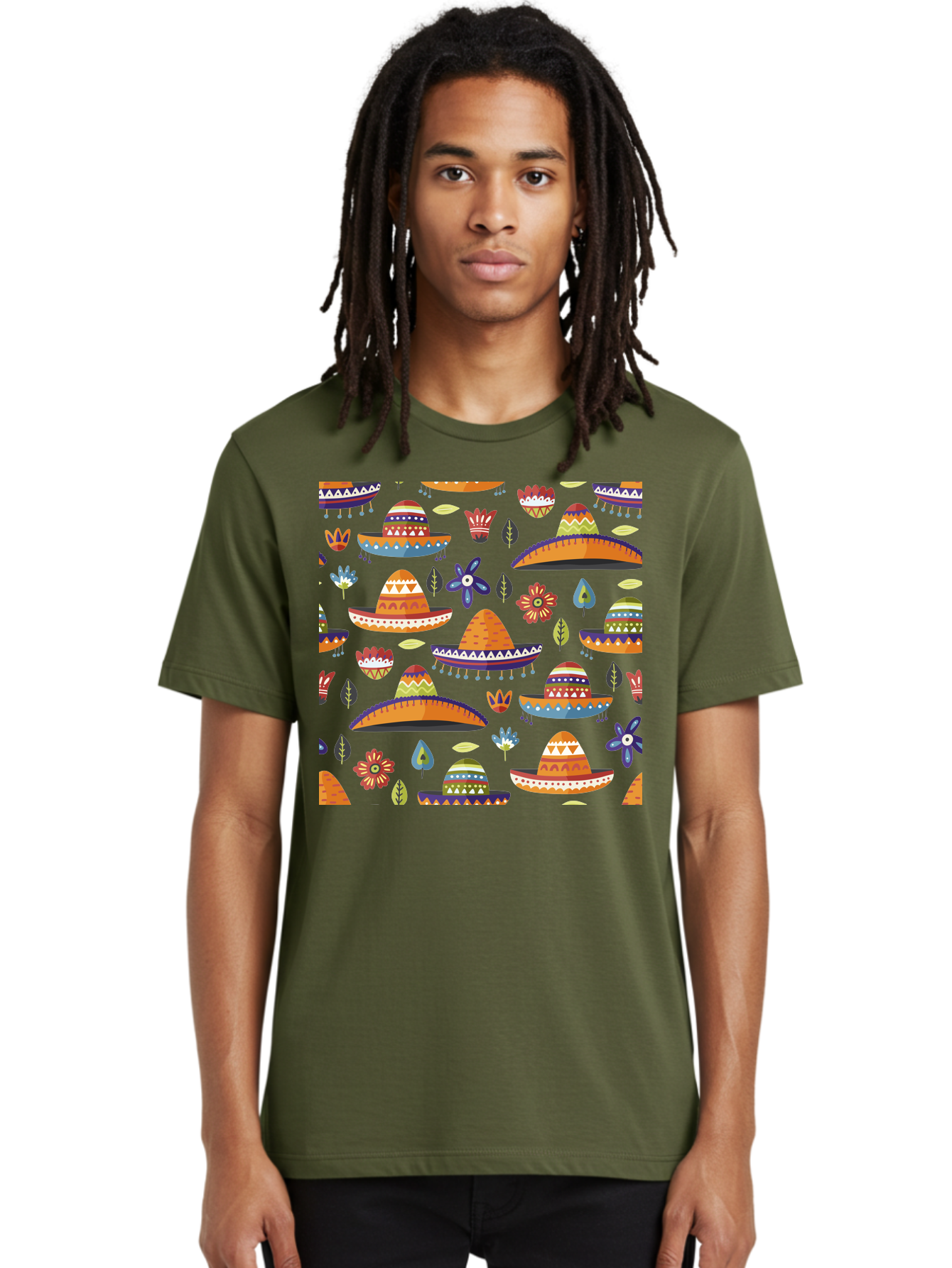 Sombrero-Pattern Men'S Graphic Tee, 100% Cotton, Comfortable Casual Summer Wear, Machine Washable, Colorful Sombreros, Mexican Hats, Floral Patterns, Vibrant Designs, Cultural Heritage, Traditional Attire, Festive Atmosphere, -  Aaa297