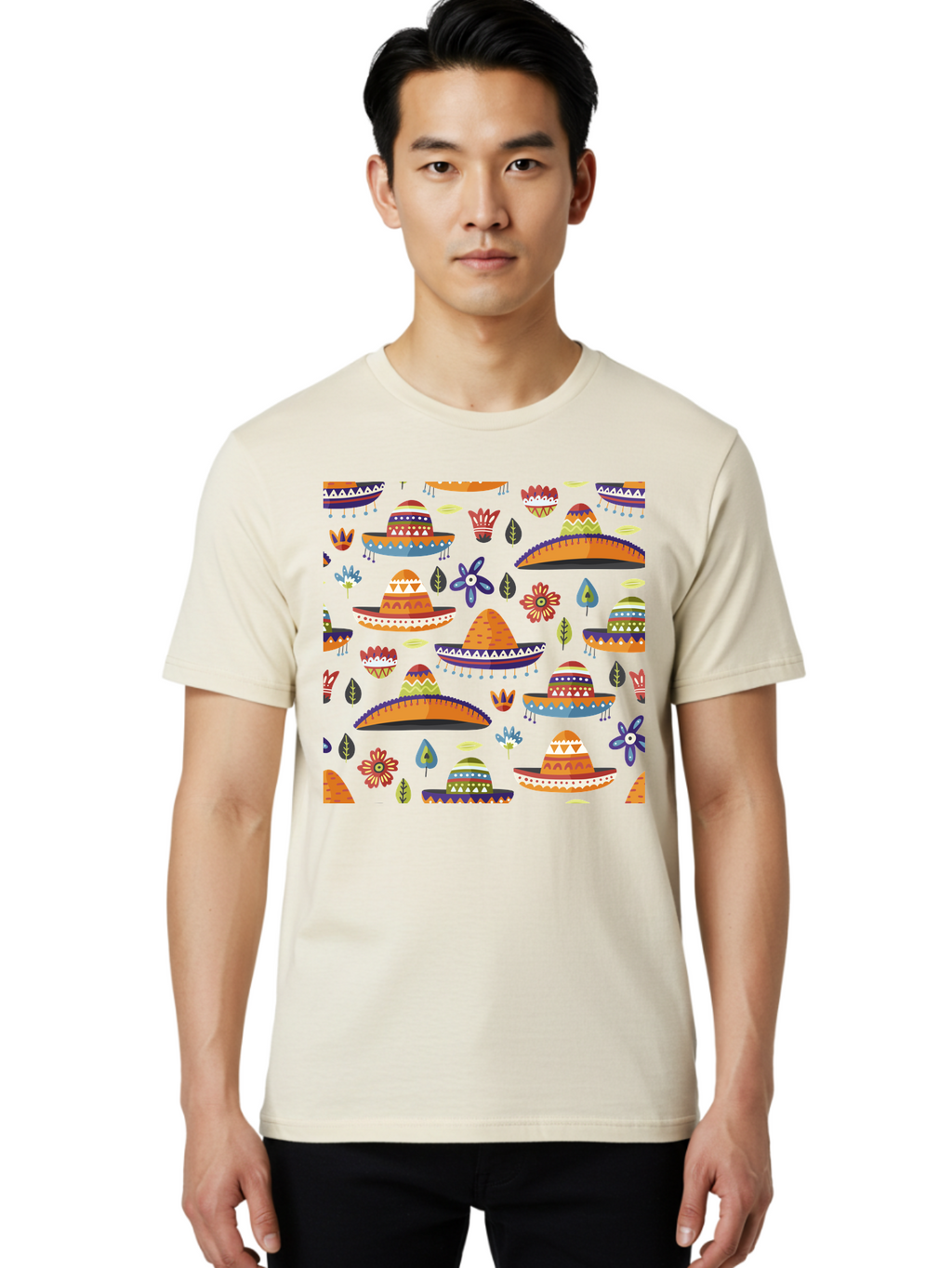 Sombrero-Pattern Men'S Graphic Tee, 100% Cotton, Comfortable Casual Summer Wear, Machine Washable, Colorful Sombreros, Mexican Hats, Floral Patterns, Vibrant Designs, Cultural Heritage, Traditional Attire, Festive Atmosphere, -  Aaa297