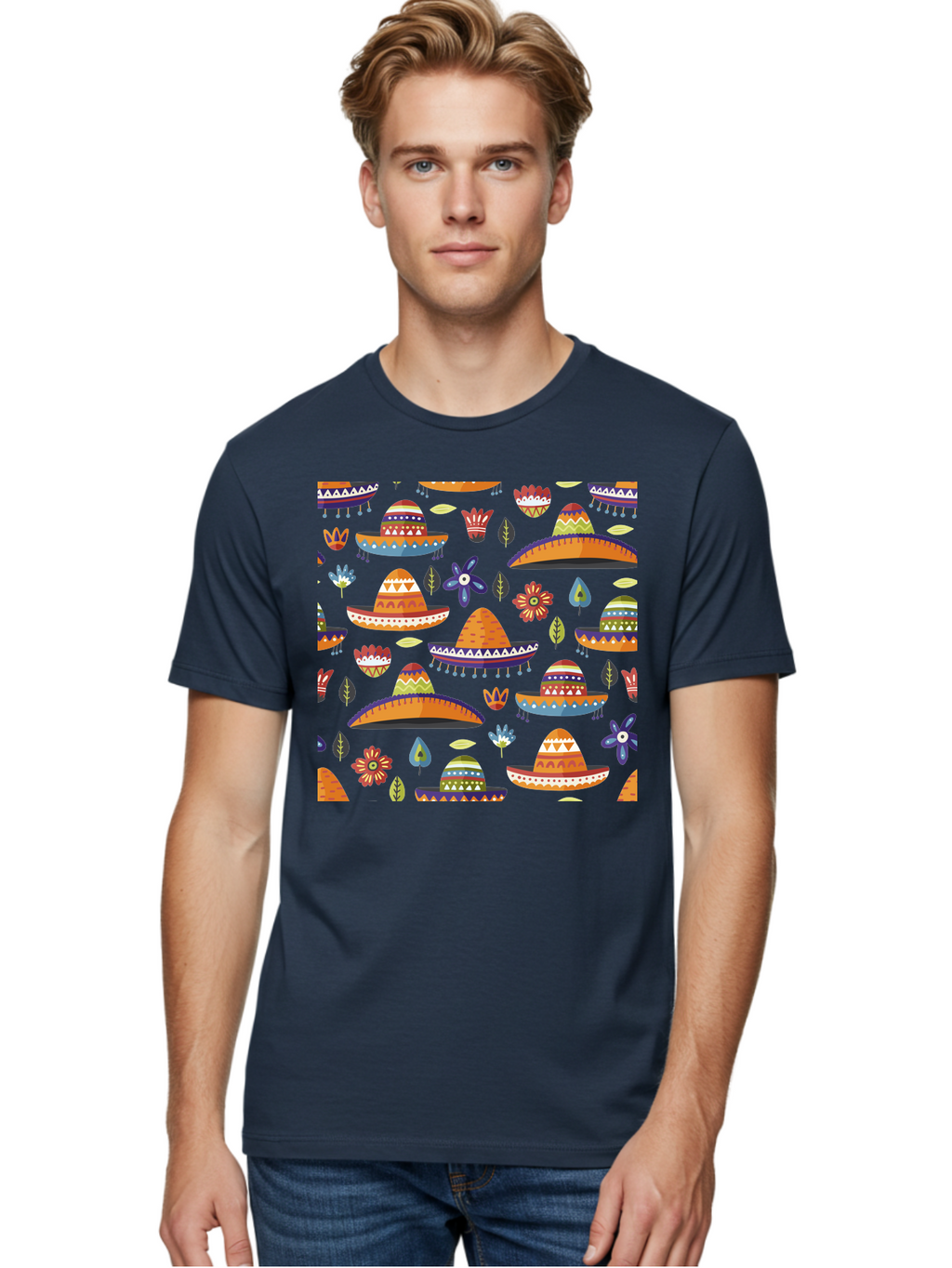 Sombrero-Pattern Men'S Graphic Tee, 100% Cotton, Comfortable Casual Summer Wear, Machine Washable, Colorful Sombreros, Mexican Hats, Floral Patterns, Vibrant Designs, Cultural Heritage, Traditional Attire, Festive Atmosphere, -  Aaa297