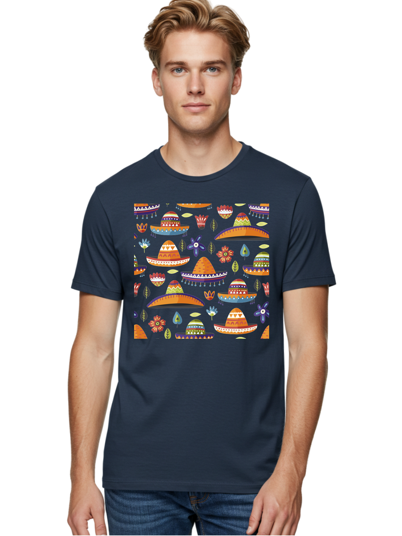 Sombrero-Pattern Men'S Graphic Tee, 100% Cotton, Comfortable Casual Summer Wear, Machine Washable, Colorful Sombreros, Mexican Hats, Floral Patterns, Vibrant Designs, Cultural Heritage, Traditional Attire, Festive Atmosphere, -  Aaa297