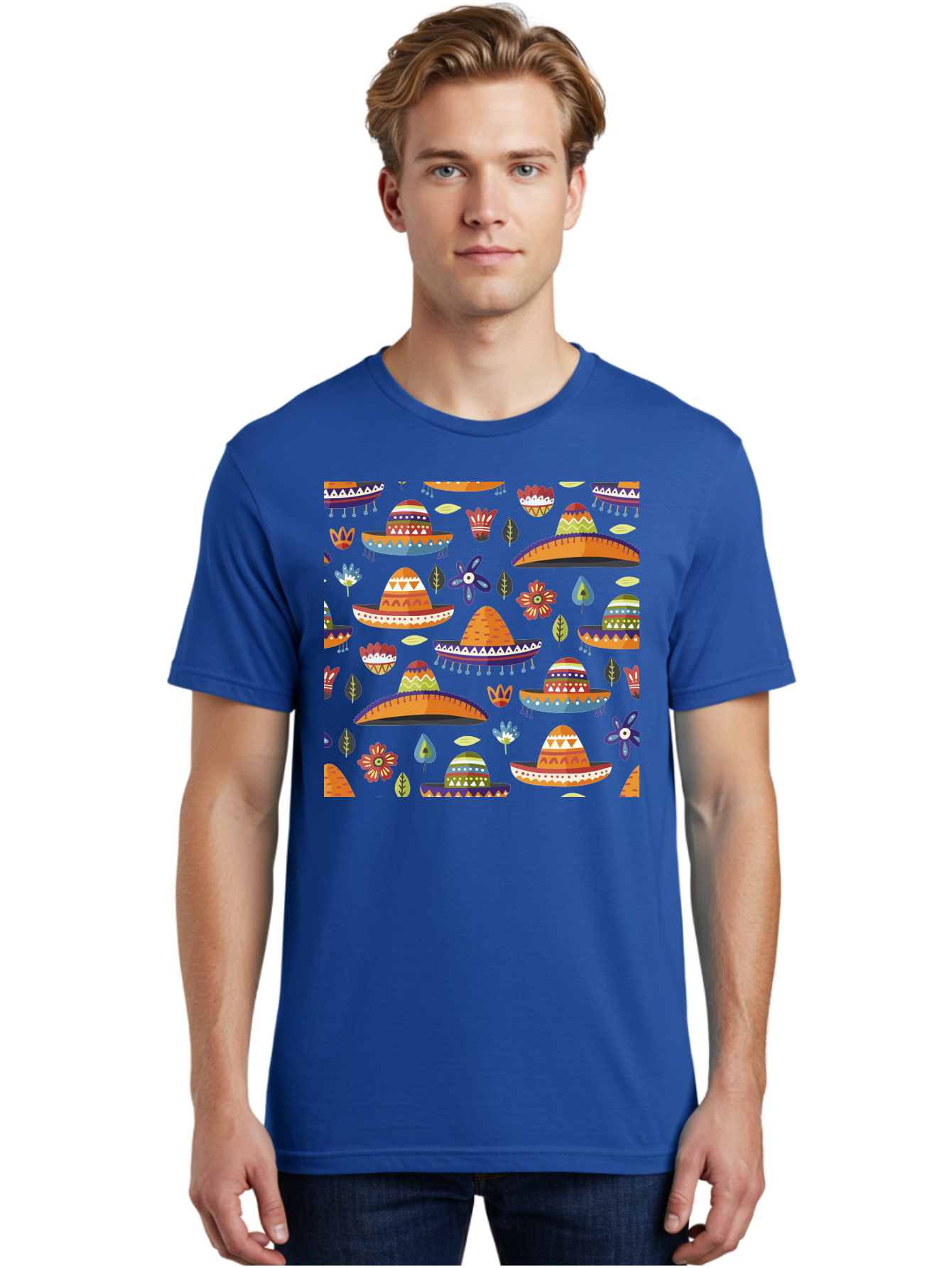 Sombrero-Pattern Men'S Graphic Tee, 100% Cotton, Comfortable Casual Summer Wear, Machine Washable, Colorful Sombreros, Mexican Hats, Floral Patterns, Vibrant Designs, Cultural Heritage, Traditional Attire, Festive Atmosphere, -  Aaa297