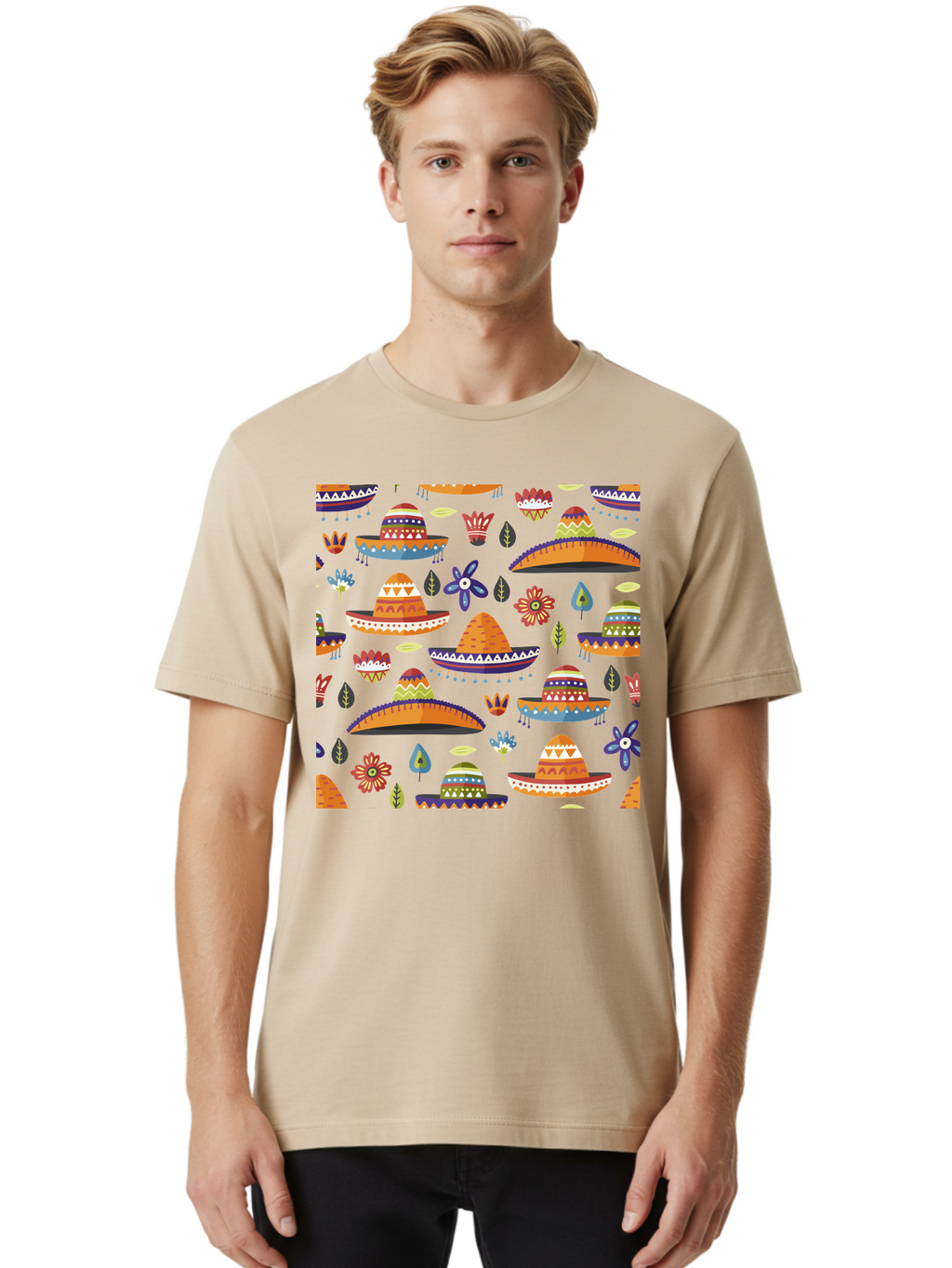 Sombrero-Pattern Men'S Graphic Tee, 100% Cotton, Comfortable Casual Summer Wear, Machine Washable, Colorful Sombreros, Mexican Hats, Floral Patterns, Vibrant Designs, Cultural Heritage, Traditional Attire, Festive Atmosphere, -  Aaa297