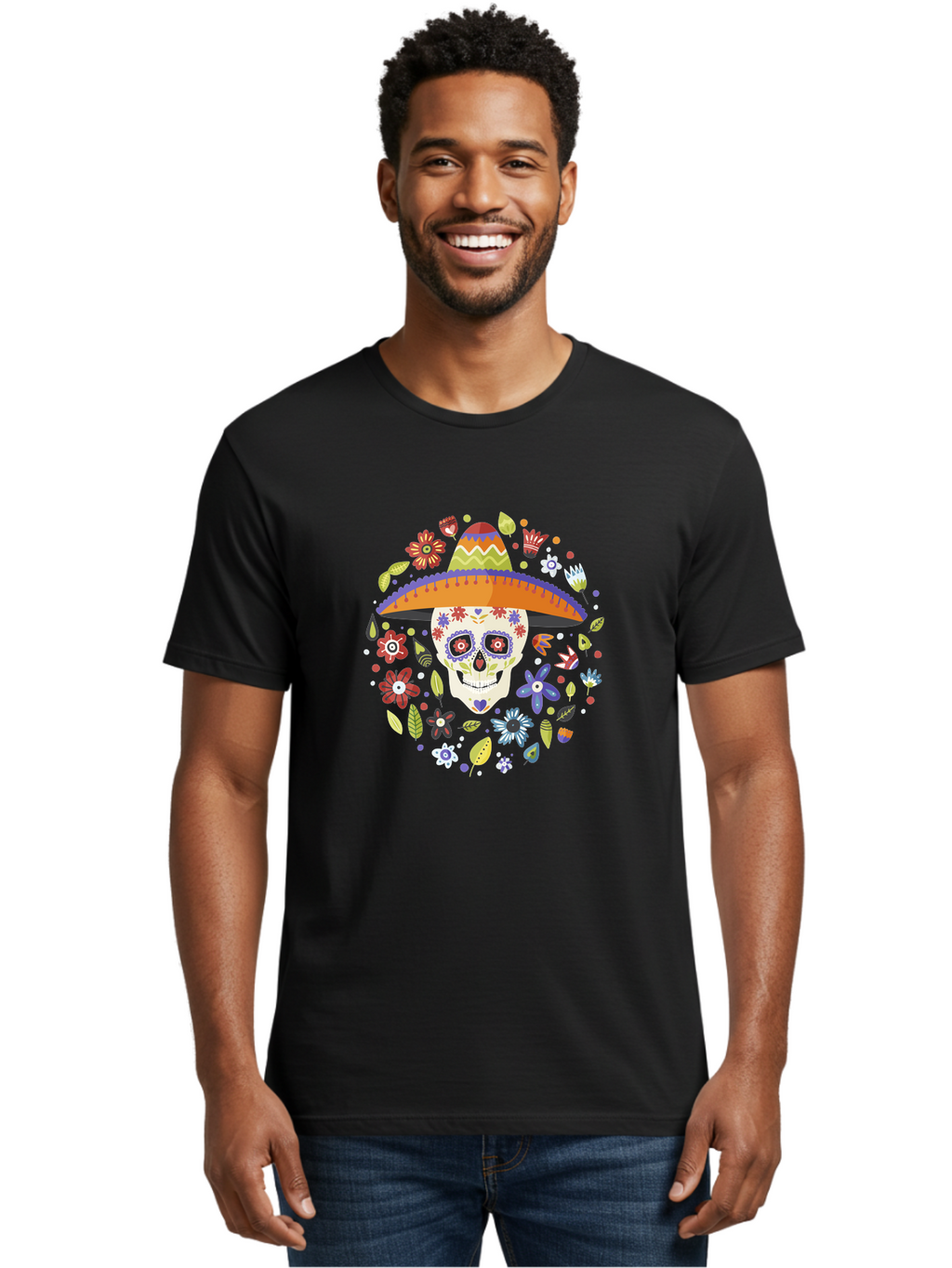 Sugar-Skull-1 Men'S Graphic Tee, 100% Cotton, Comfortable Casual Summer Wear, Machine Washable, Sugar Skull, Dia De Los Muertos, Day Of The Dead, Sombrero, Floral Decorations, Vibrant Colors, Mexican Culture, Festive Atmosphere, -  Aaa298