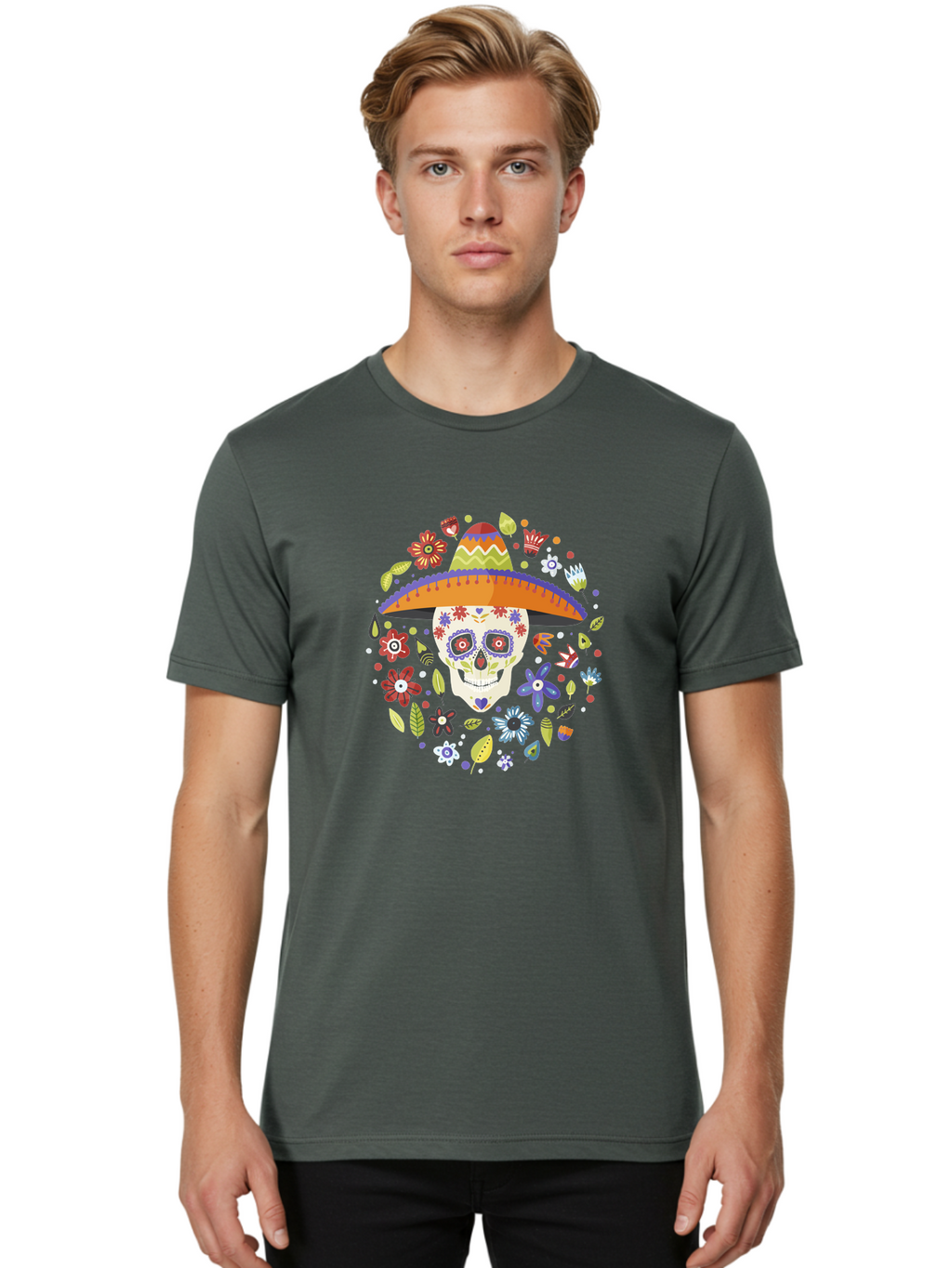 Sugar-Skull-1 Men'S Graphic Tee, 100% Cotton, Comfortable Casual Summer Wear, Machine Washable, Sugar Skull, Dia De Los Muertos, Day Of The Dead, Sombrero, Floral Decorations, Vibrant Colors, Mexican Culture, Festive Atmosphere, -  Aaa298
