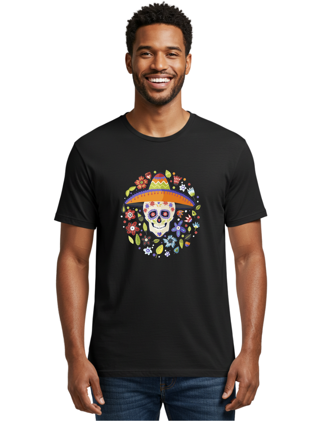 Sugar-Skull Men'S Graphic Tee, 100% Cotton, Comfortable Casual Summer Wear, Machine Washable, Sugar Skull, Day Of The Dead, Dia De Los Muertos, Mexican Culture, Colorful Flowers, Sombrero Hat, Floral Decorations, Vibrant Colors, -  Aaa299