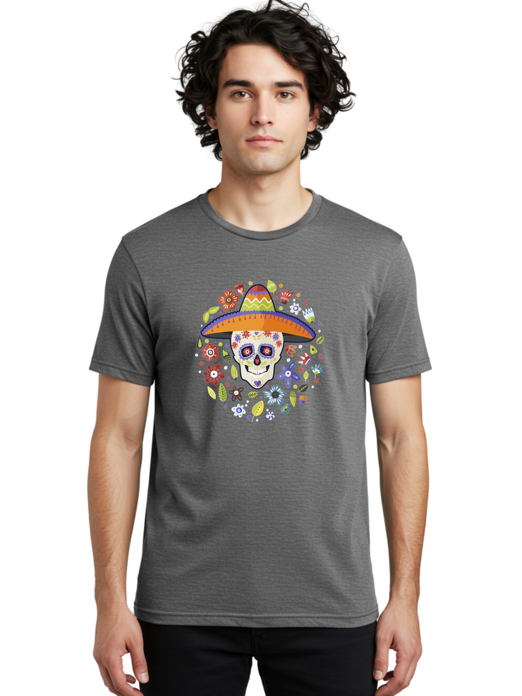 Sugar-Skull Men'S Graphic Tee, 100% Cotton, Comfortable Casual Summer Wear, Machine Washable, Sugar Skull, Day Of The Dead, Dia De Los Muertos, Mexican Culture, Colorful Flowers, Sombrero Hat, Floral Decorations, Vibrant Colors, -  Aaa299