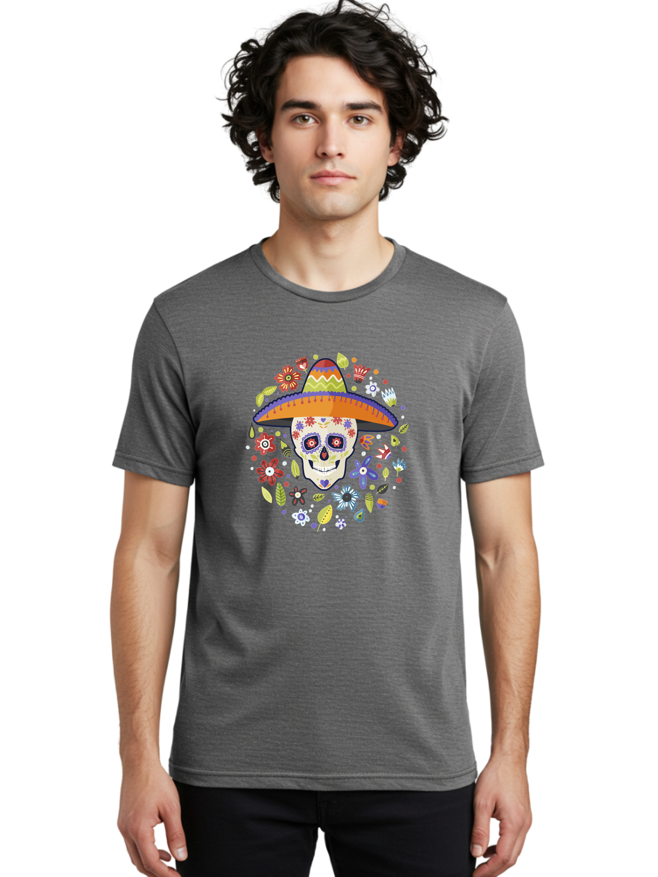 Sugar-Skull Men'S Graphic Tee, 100% Cotton, Comfortable Casual Summer Wear, Machine Washable, Sugar Skull, Day Of The Dead, Dia De Los Muertos, Mexican Culture, Colorful Flowers, Sombrero Hat, Floral Decorations, Vibrant Colors, -  Aaa299