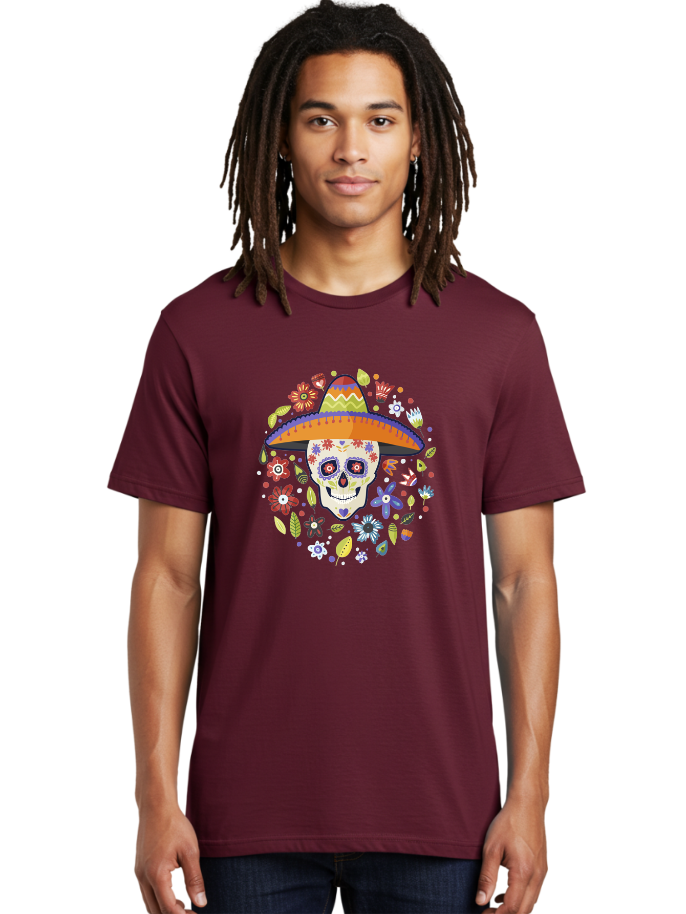 Sugar-Skull Men'S Graphic Tee, 100% Cotton, Comfortable Casual Summer Wear, Machine Washable, Sugar Skull, Day Of The Dead, Dia De Los Muertos, Mexican Culture, Colorful Flowers, Sombrero Hat, Floral Decorations, Vibrant Colors, -  Aaa299