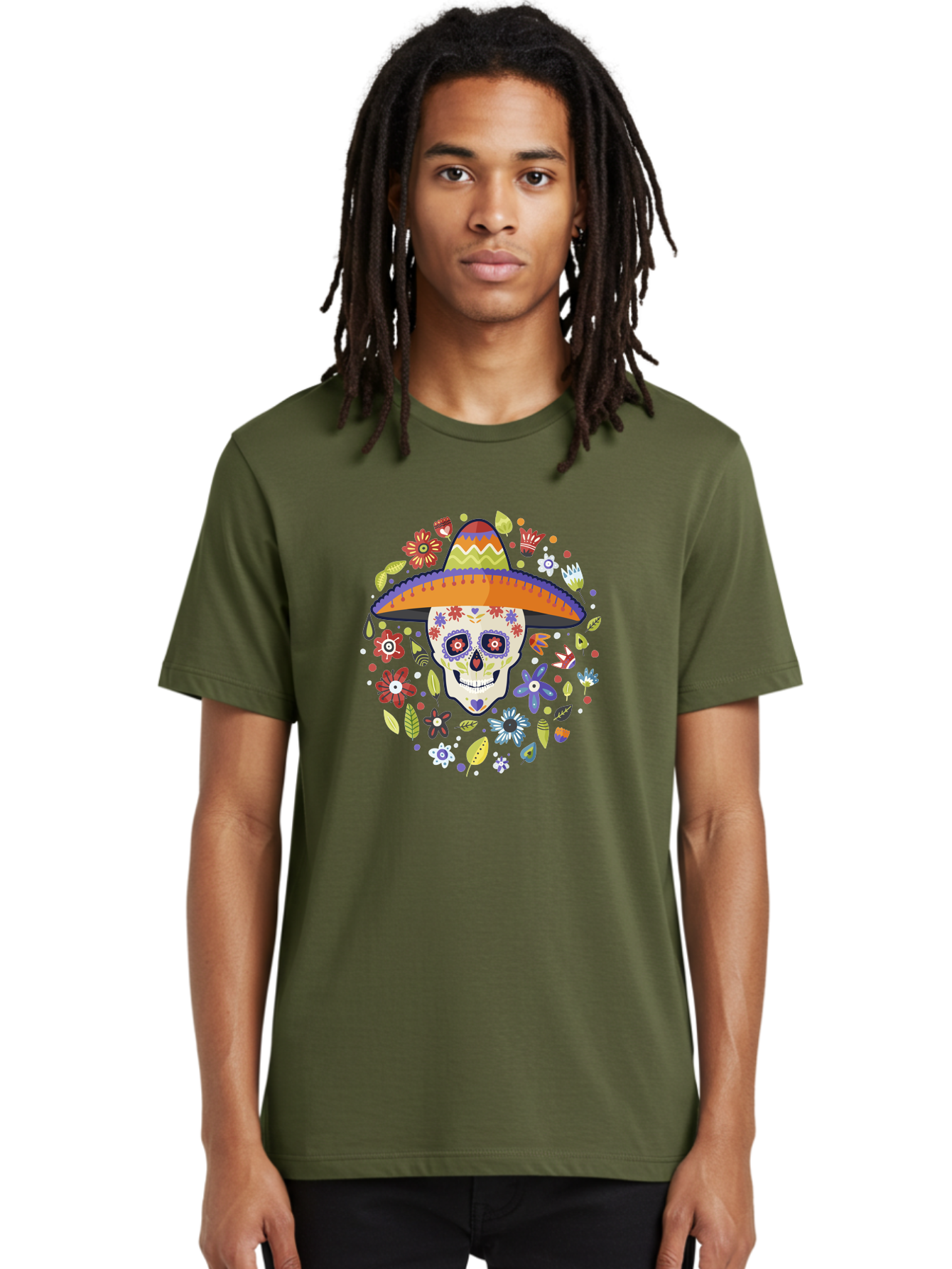 Sugar-Skull Men'S Graphic Tee, 100% Cotton, Comfortable Casual Summer Wear, Machine Washable, Sugar Skull, Day Of The Dead, Dia De Los Muertos, Mexican Culture, Colorful Flowers, Sombrero Hat, Floral Decorations, Vibrant Colors, -  Aaa299