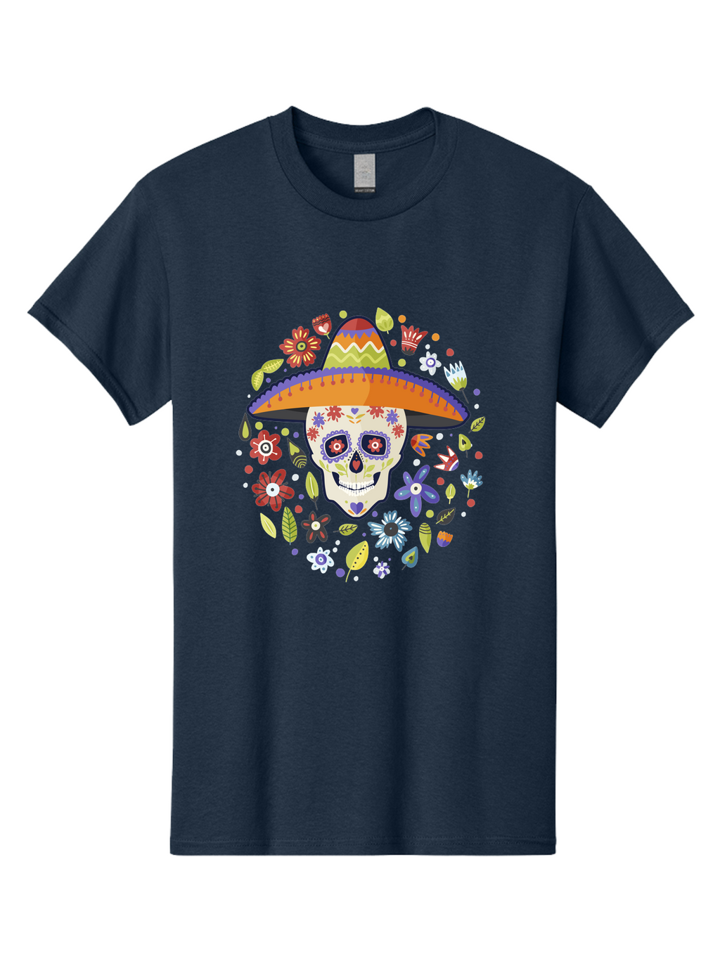 Sugar-Skull Men'S Graphic Tee, 100% Cotton, Comfortable Casual Summer Wear, Machine Washable, Sugar Skull, Day Of The Dead, Dia De Los Muertos, Mexican Culture, Colorful Flowers, Sombrero Hat, Floral Decorations, Vibrant Colors, -  Aaa299