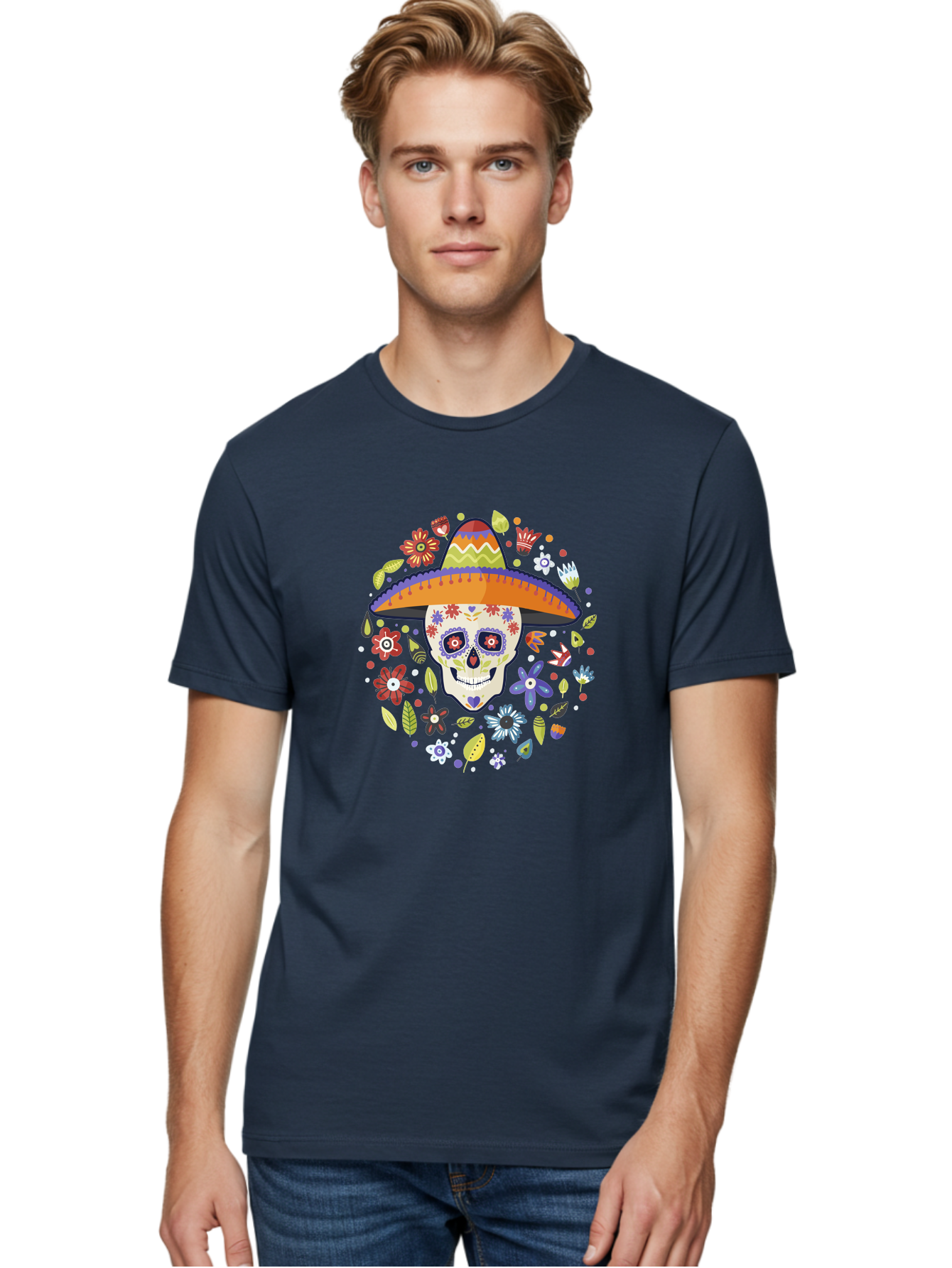 Sugar-Skull Men'S Graphic Tee, 100% Cotton, Comfortable Casual Summer Wear, Machine Washable, Sugar Skull, Day Of The Dead, Dia De Los Muertos, Mexican Culture, Colorful Flowers, Sombrero Hat, Floral Decorations, Vibrant Colors, -  Aaa299