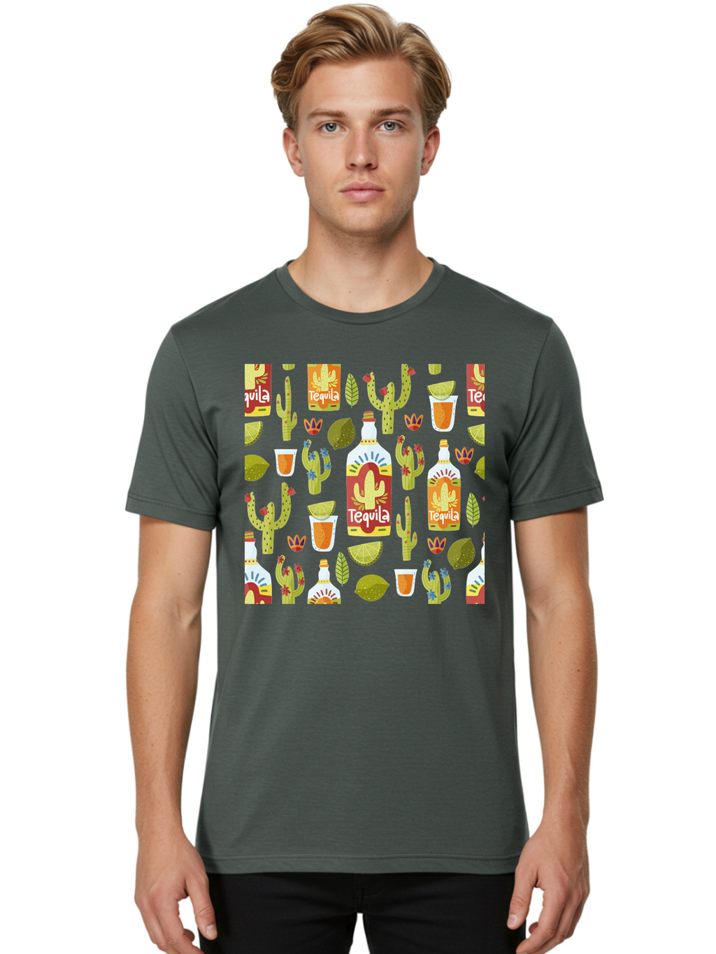 Tequila Men'S Graphic Tee, 100% Cotton, Comfortable Casual Summer Wear, Machine Washable, Tequila Bottles, Cacti Plants, Citrus Fruits, Margarita Glasses, Mexican Drinks, Festive Patterns, Vibrant Designs, Party Themes, -  Aaa304