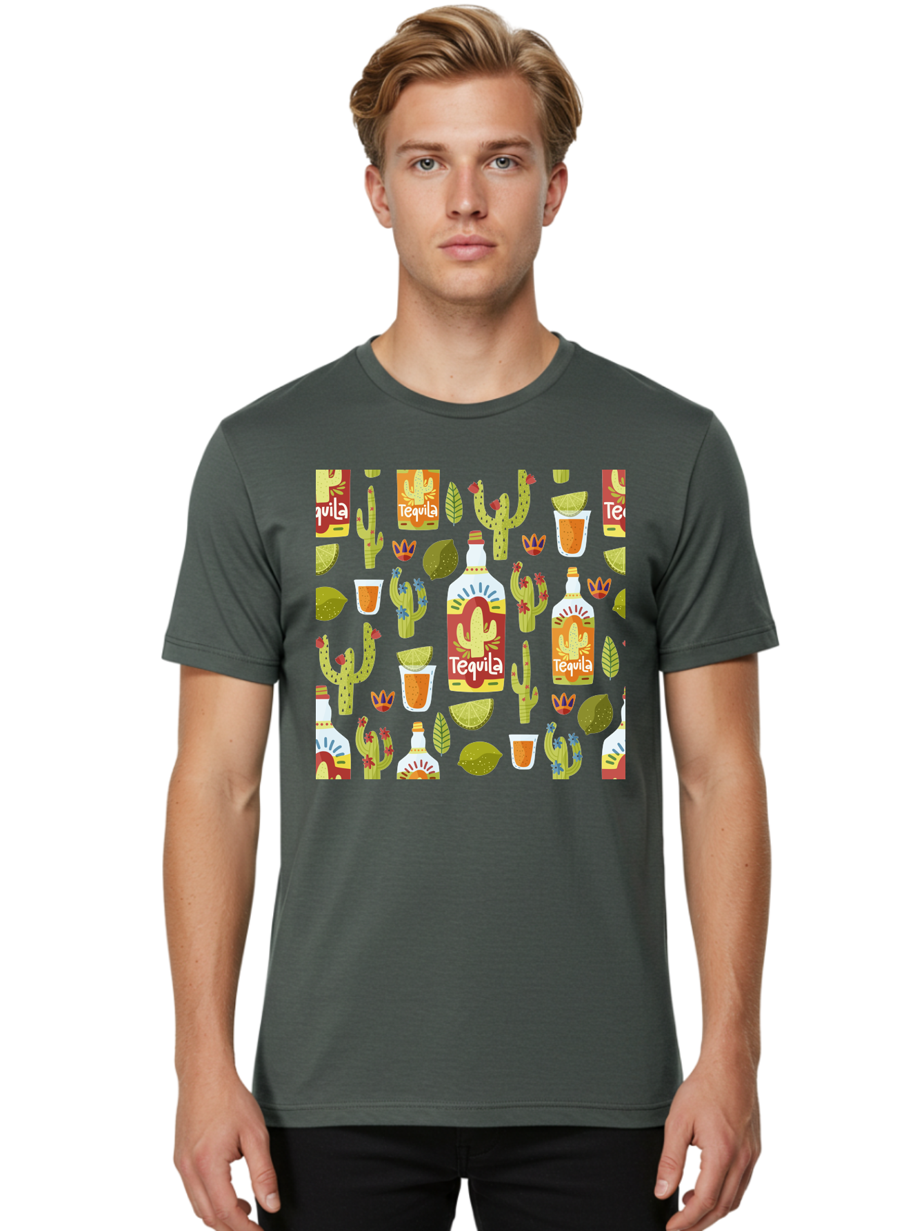Tequila Men'S Graphic Tee, 100% Cotton, Comfortable Casual Summer Wear, Machine Washable, Tequila Bottles, Cacti Plants, Citrus Fruits, Margarita Glasses, Mexican Drinks, Festive Patterns, Vibrant Designs, Party Themes, -  Aaa304