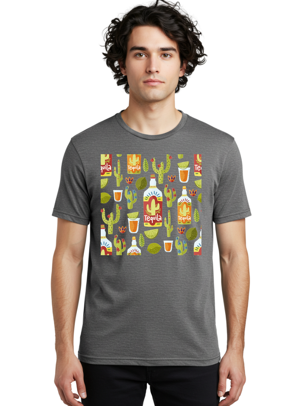 Tequila Men'S Graphic Tee, 100% Cotton, Comfortable Casual Summer Wear, Machine Washable, Tequila Bottles, Cacti Plants, Citrus Fruits, Margarita Glasses, Mexican Drinks, Festive Patterns, Vibrant Designs, Party Themes, -  Aaa304