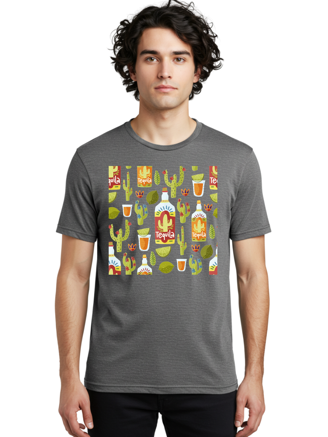 Tequila Men'S Graphic Tee, 100% Cotton, Comfortable Casual Summer Wear, Machine Washable, Tequila Bottles, Cacti Plants, Citrus Fruits, Margarita Glasses, Mexican Drinks, Festive Patterns, Vibrant Designs, Party Themes, -  Aaa304
