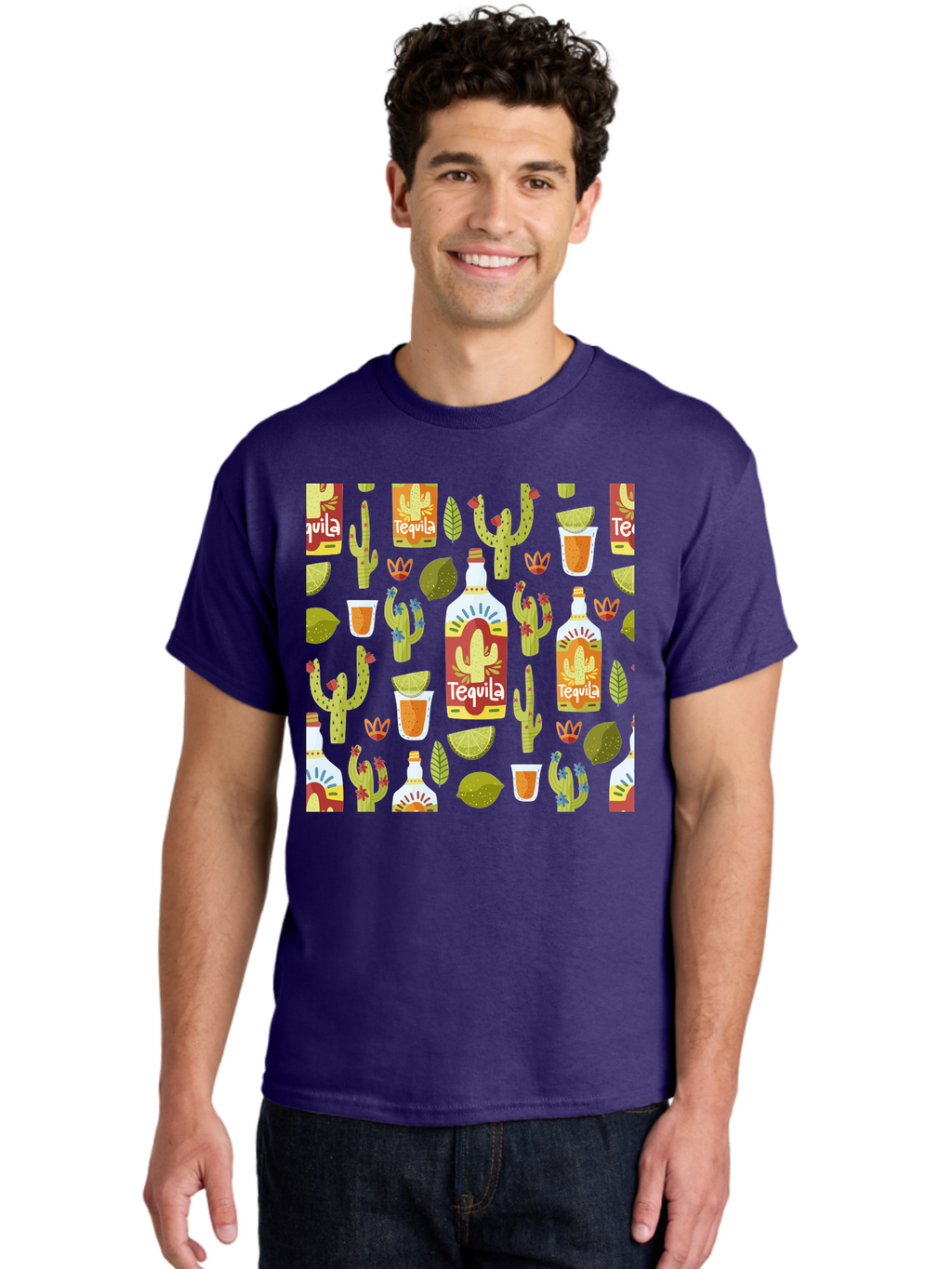 Tequila Men'S Graphic Tee, 100% Cotton, Comfortable Casual Summer Wear, Machine Washable, Tequila Bottles, Cacti Plants, Citrus Fruits, Margarita Glasses, Mexican Drinks, Festive Patterns, Vibrant Designs, Party Themes, -  Aaa304