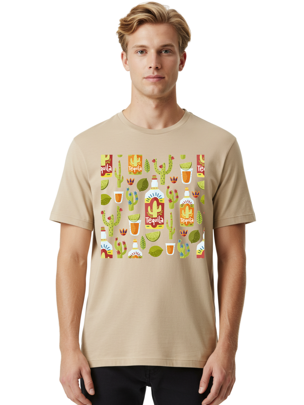 Tequila Men'S Graphic Tee, 100% Cotton, Comfortable Casual Summer Wear, Machine Washable, Tequila Bottles, Cacti Plants, Citrus Fruits, Margarita Glasses, Mexican Drinks, Festive Patterns, Vibrant Designs, Party Themes, -  Aaa304