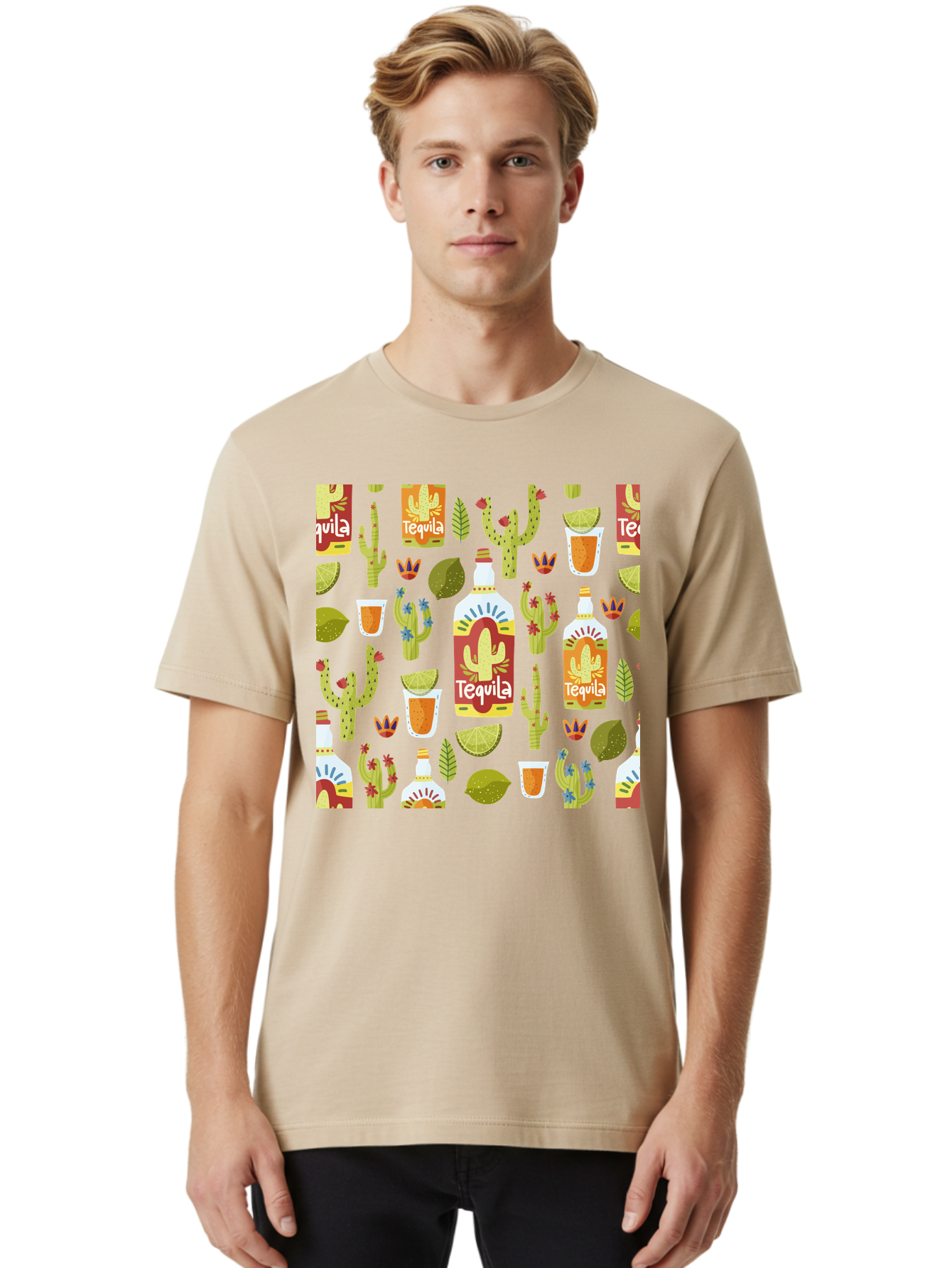 Tequila Men'S Graphic Tee, 100% Cotton, Comfortable Casual Summer Wear, Machine Washable, Tequila Bottles, Cacti Plants, Citrus Fruits, Margarita Glasses, Mexican Drinks, Festive Patterns, Vibrant Designs, Party Themes, -  Aaa304
