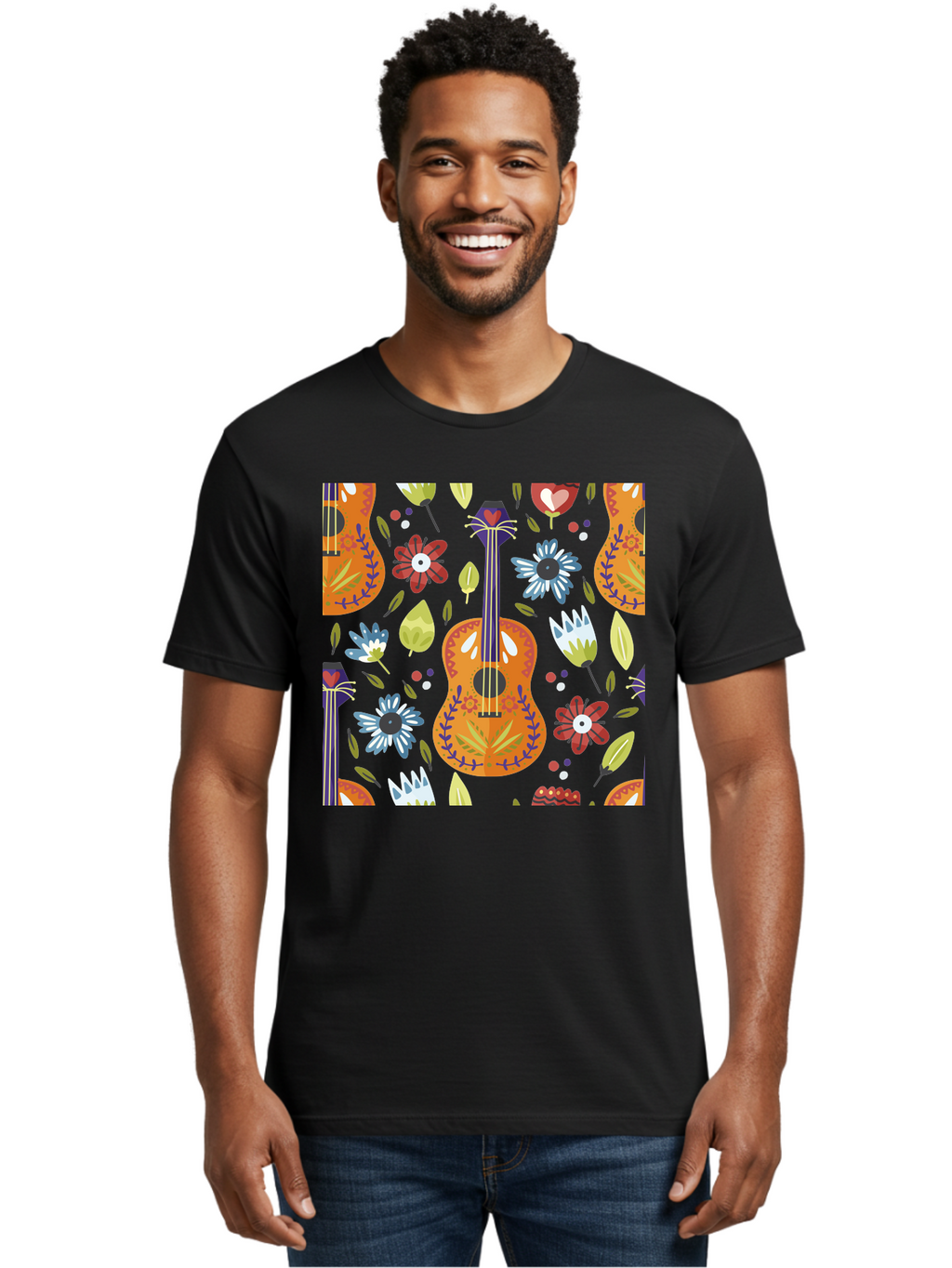 Ukulele-Floral-Pattern Men'S Graphic Tee, 100% Cotton, Comfortable Casual Summer Wear, Machine Washable, Ukulele, Floral Pattern, Flowers, Leaves, Hearts, Musical Instrument, Whimsical Design, Vibrant Colors, Playful Motifs, -  Aaa305