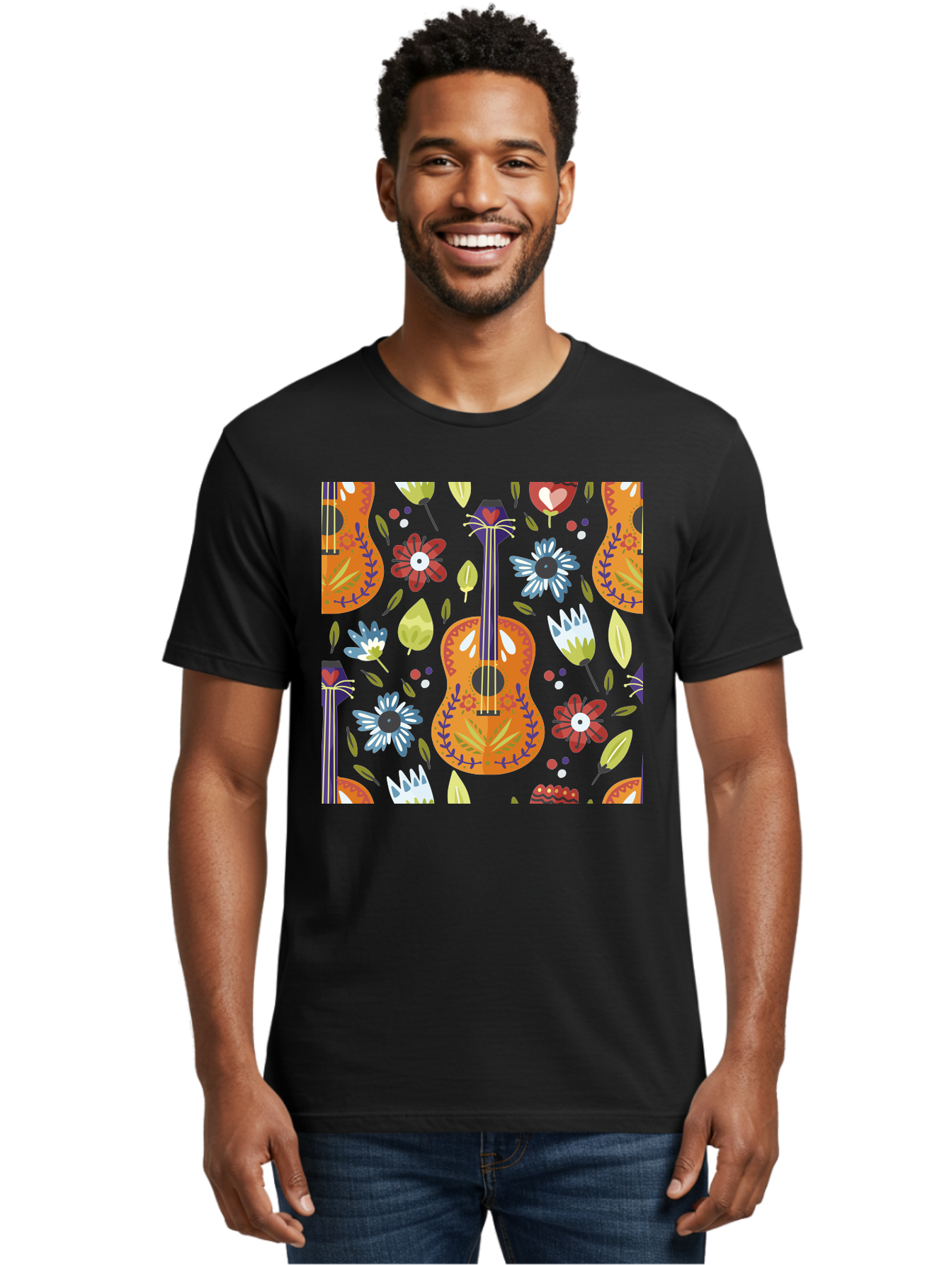 Ukulele-Floral-Pattern Men'S Graphic Tee, 100% Cotton, Comfortable Casual Summer Wear, Machine Washable, Ukulele, Floral Pattern, Flowers, Leaves, Hearts, Musical Instrument, Whimsical Design, Vibrant Colors, Playful Motifs, -  Aaa305