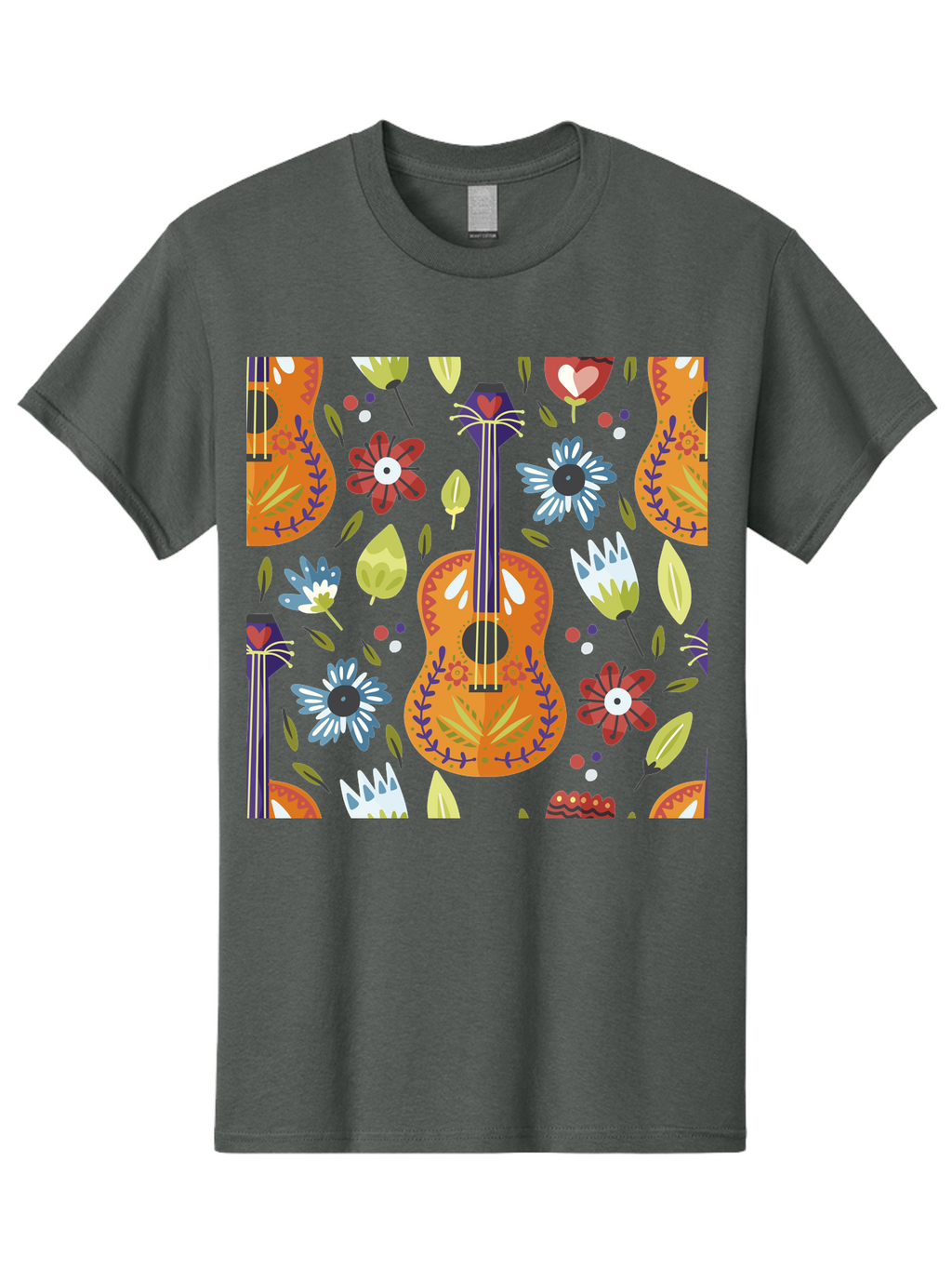 Ukulele-Floral-Pattern Men'S Graphic Tee, 100% Cotton, Comfortable Casual Summer Wear, Machine Washable, Ukulele, Floral Pattern, Flowers, Leaves, Hearts, Musical Instrument, Whimsical Design, Vibrant Colors, Playful Motifs, -  Aaa305